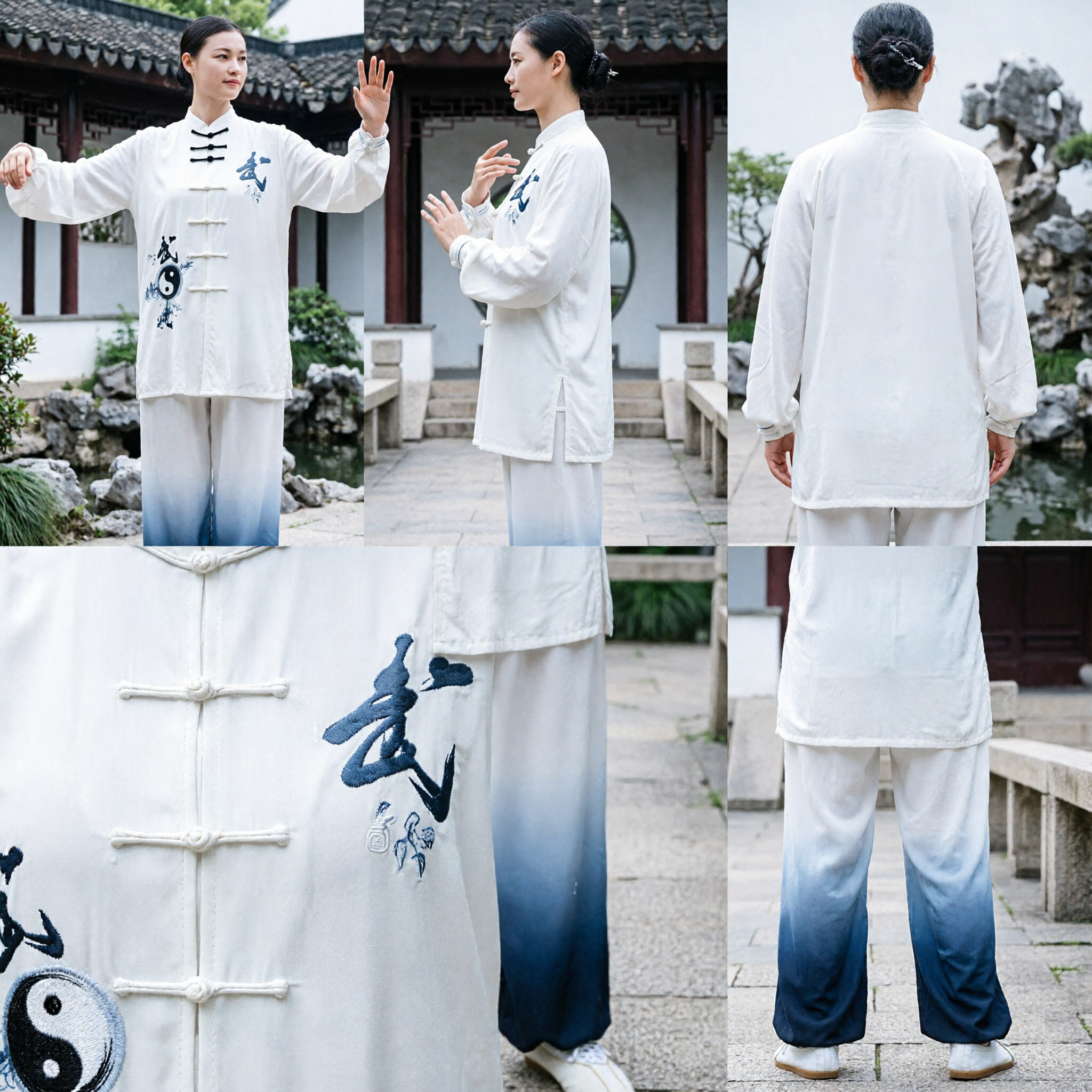 Women's Traditional Tai Chi Kung Fu Uniform White Martial Arts Suit with Yin Yang Calligraphy and Gradient Pants for Practice