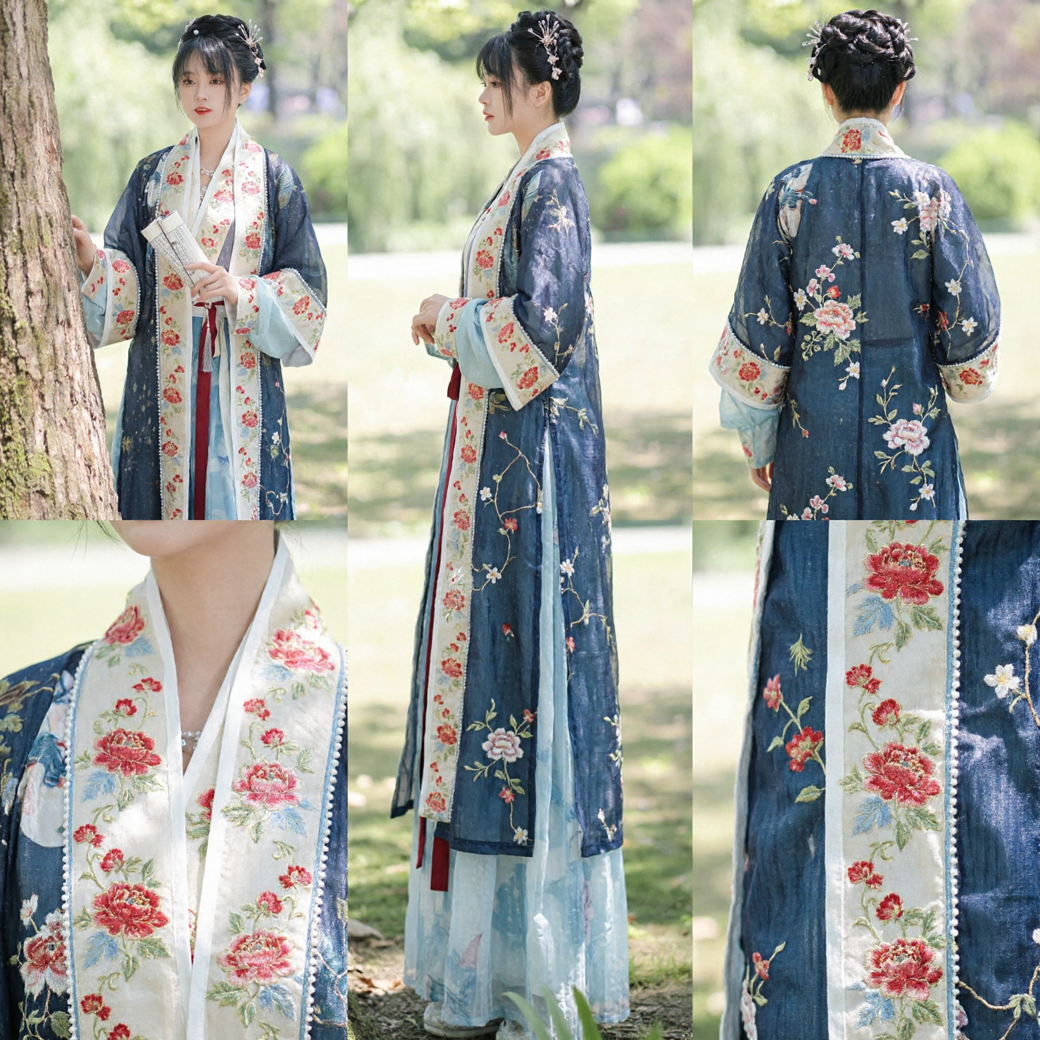 Traditional Chinese Hanfu Costume Ancient Song Dynasty Style Floral Embroidery Beizi Robe and Skirt Set for Women