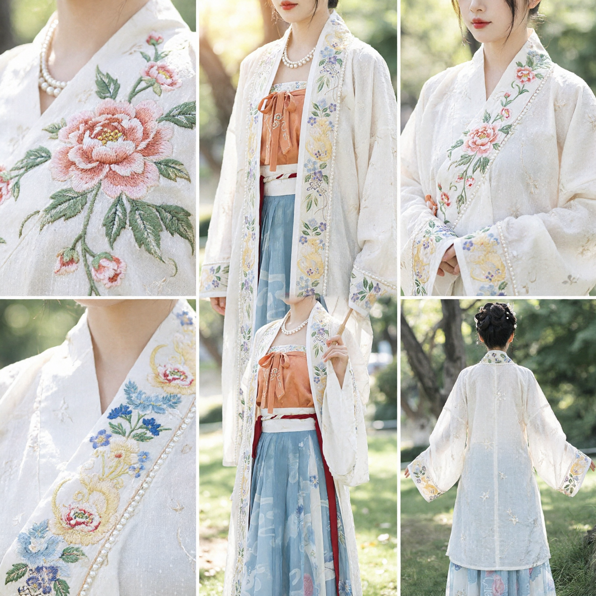 Women's Traditional Chinese Hanfu Set Song Dynasty Style Floral Embroidered Long Robe and Blue Skirt for Festivals