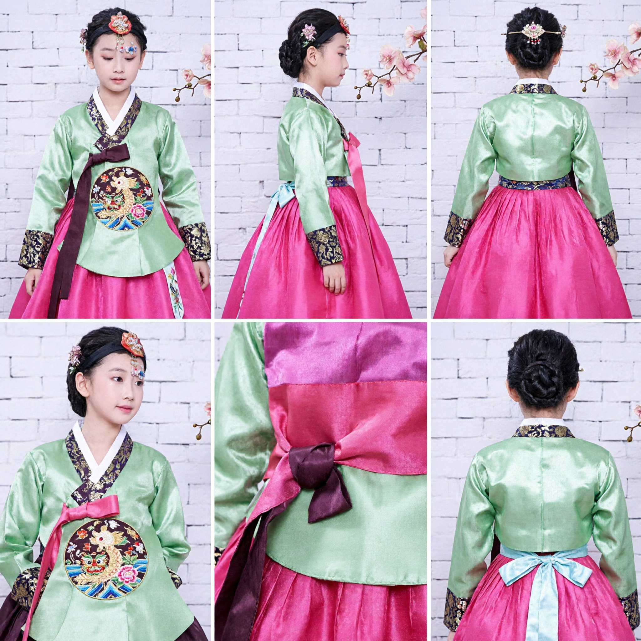 Traditional Korean Hanbok Costume for Girls Green Jeogori Pink Chima Embroidered Dress for Kids Special Occasion