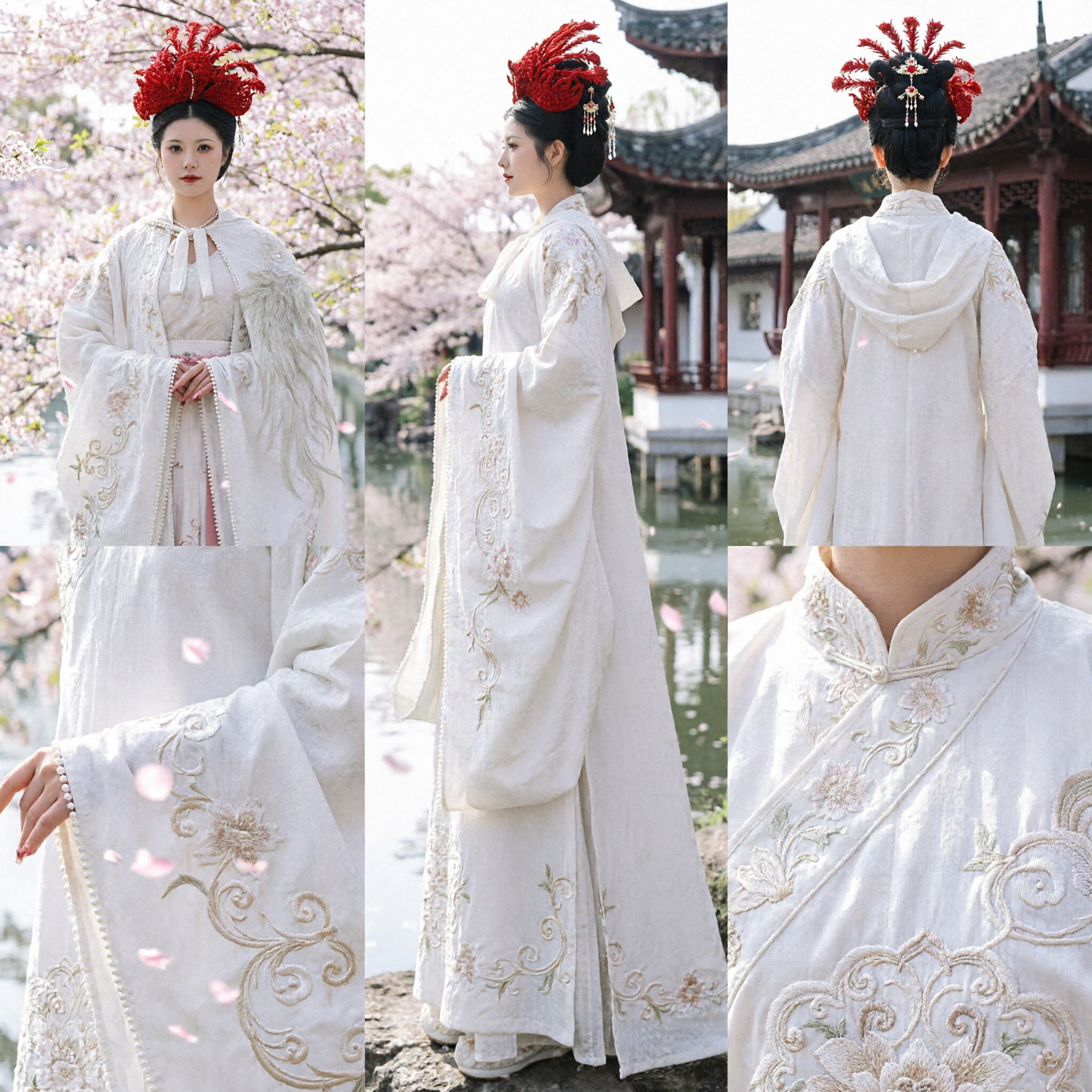 Traditional Chinese Hanfu Ancient Costume Set for Women with Red Floral Crown and White Fairy Dress for Photography