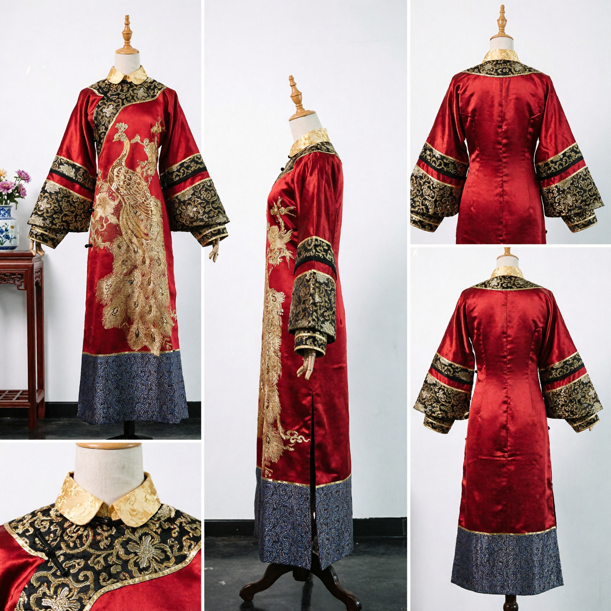 Traditional Chinese Red Peacock Embroidery Robe Ancient Dynasty Wedding Cheongsam Costume for Women