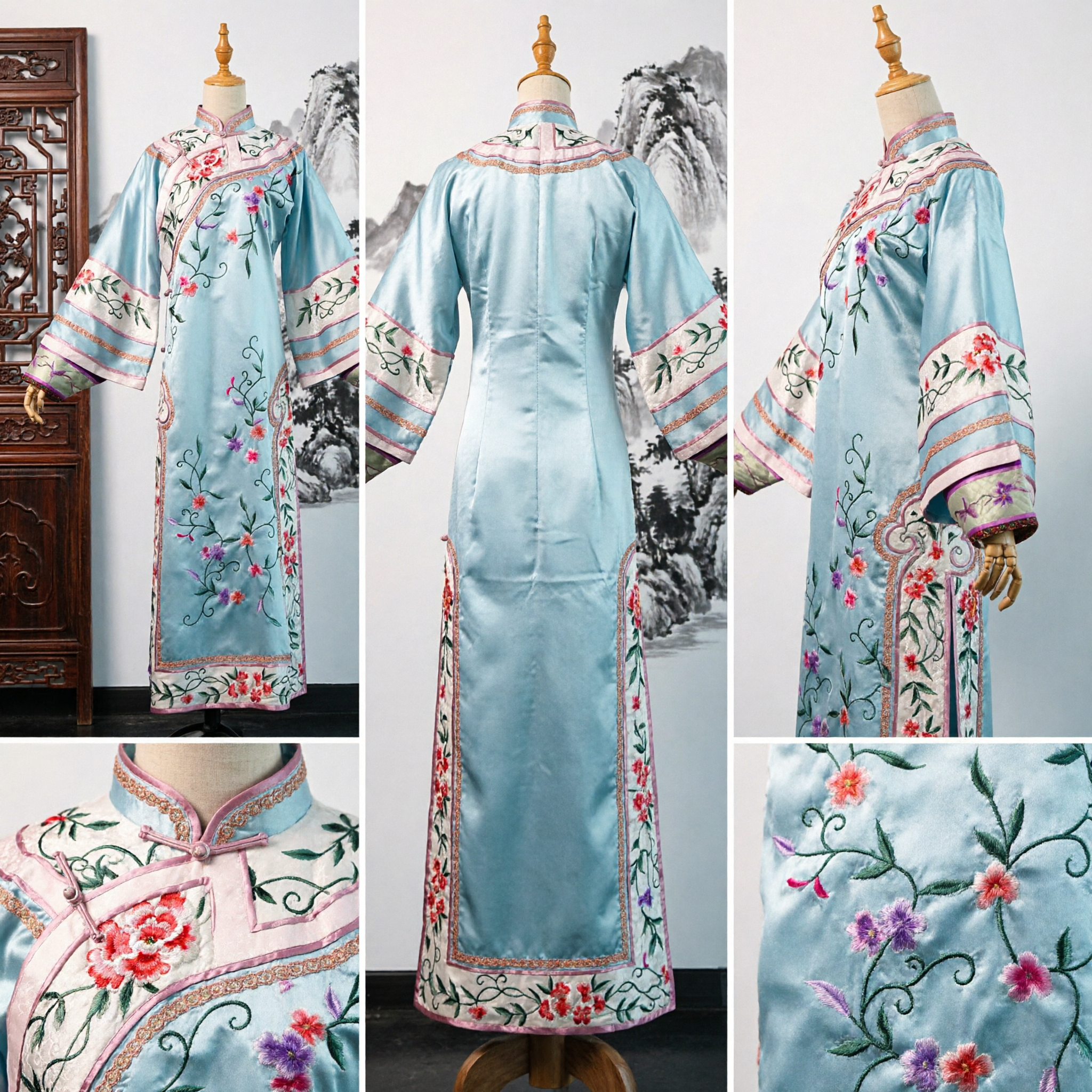 Traditional Chinese Qing Dynasty Blue Silk Embroidered Robe Ancient Costume for Women Peking Opera Performance