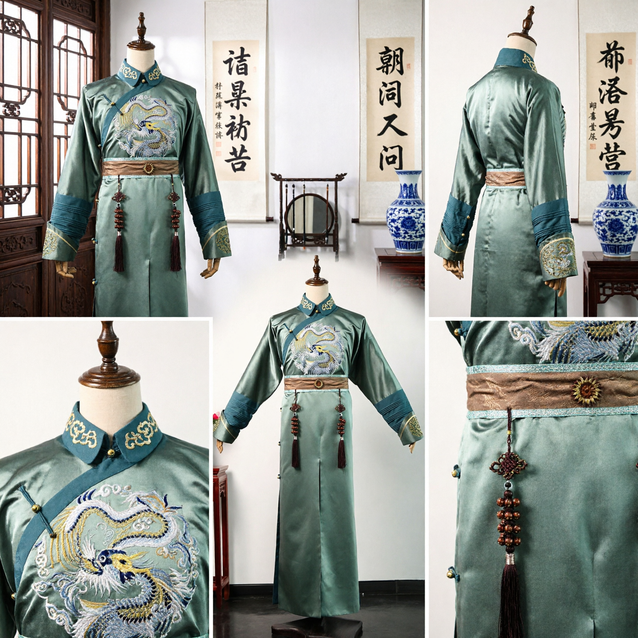 Traditional Chinese Green Dragon Robe Qing Dynasty Changshan Silk Satin Costume for Men Stage Performance