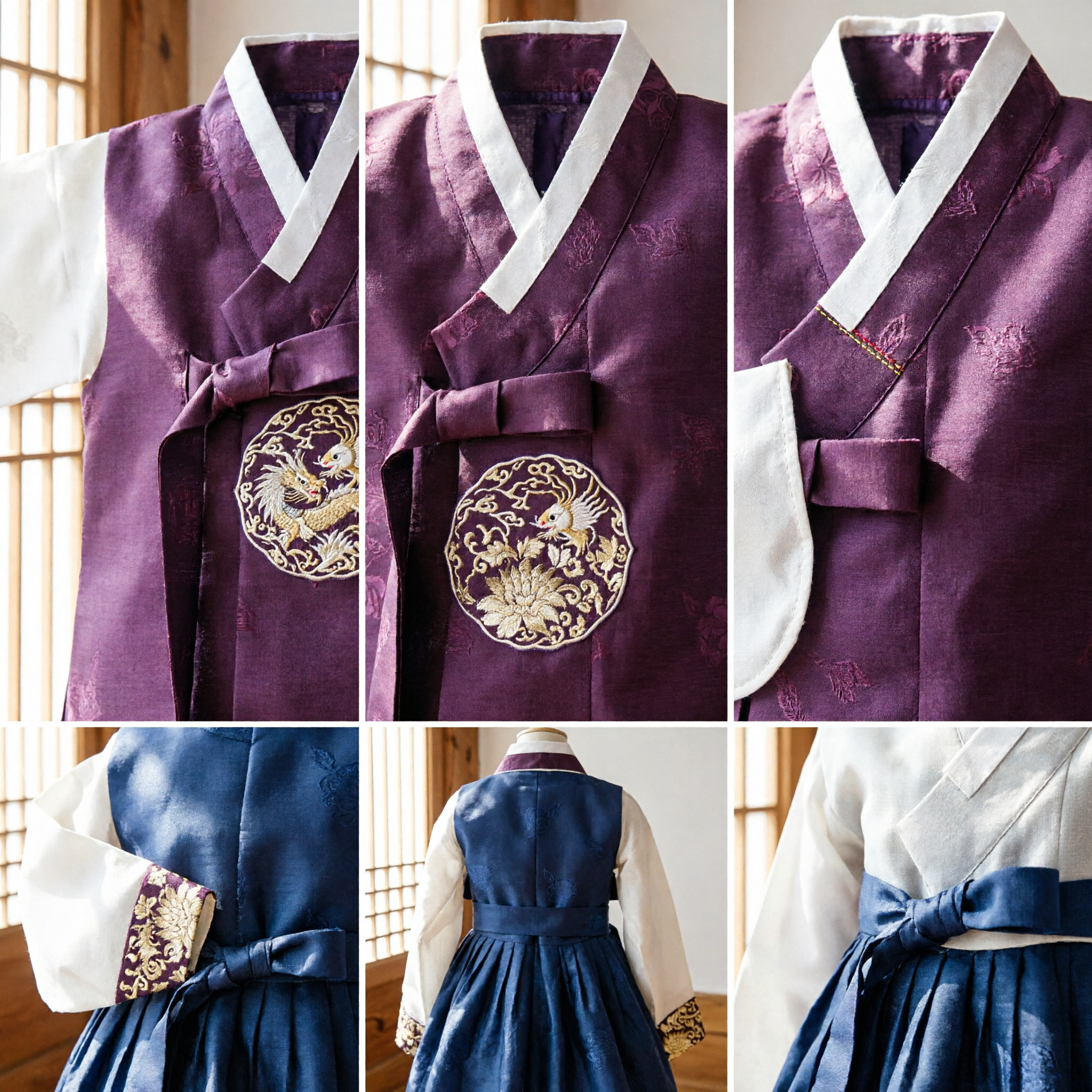 Boys Traditional Korean Hanbok Costume Set Purple Floral Vest and White Shirt for Wedding Birthday