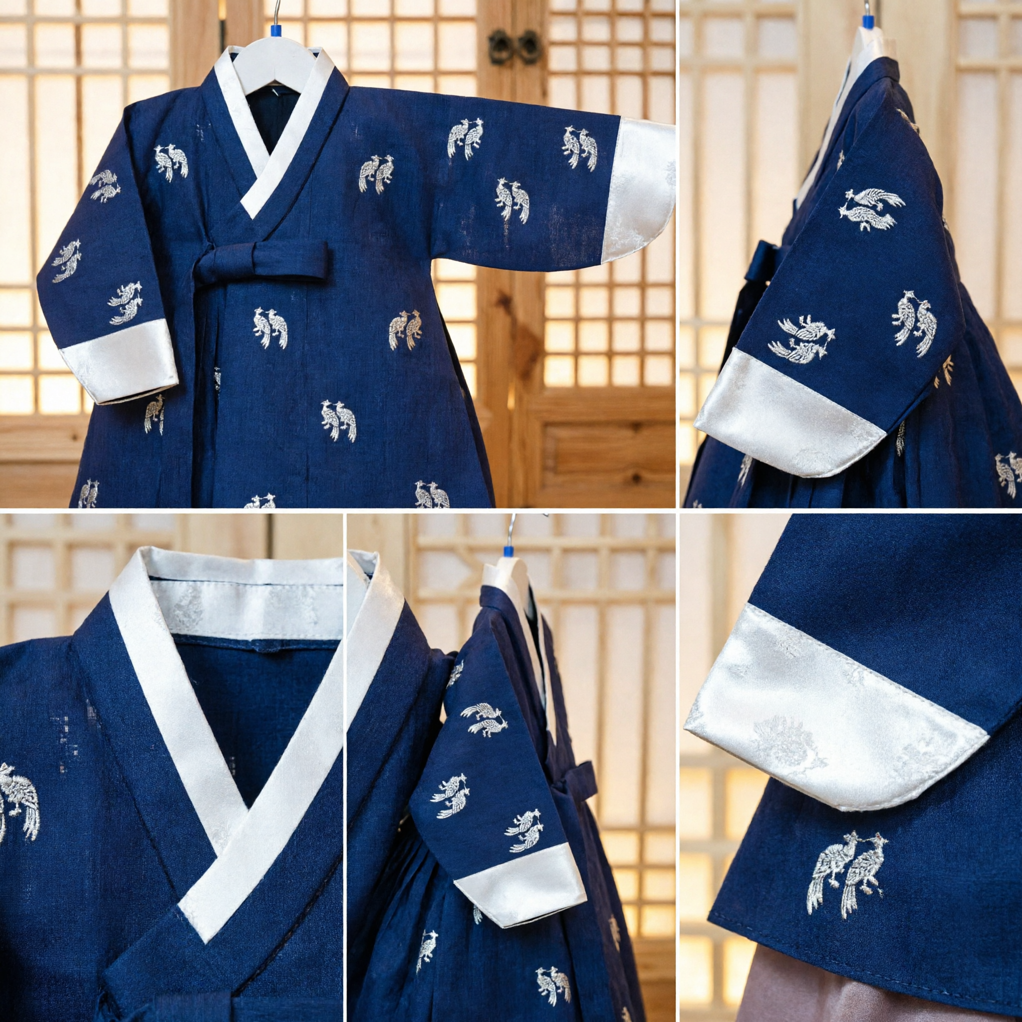 Navy Blue Korean Traditional Hanbok Jeogori Top for Kids with Silver Embroidered Crane Patterns