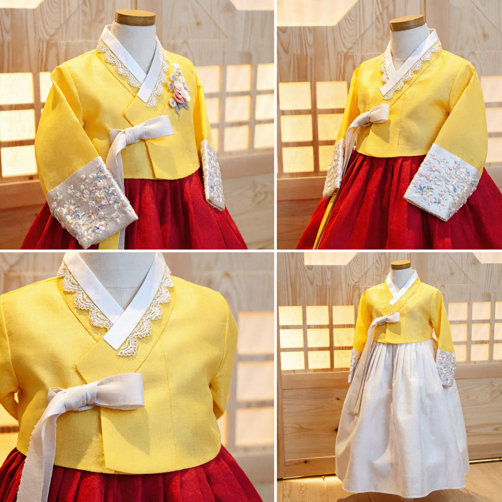 Girls Traditional Korean Hanbok Dress Yellow Top Red Skirt Costume for Festivals and Weddings