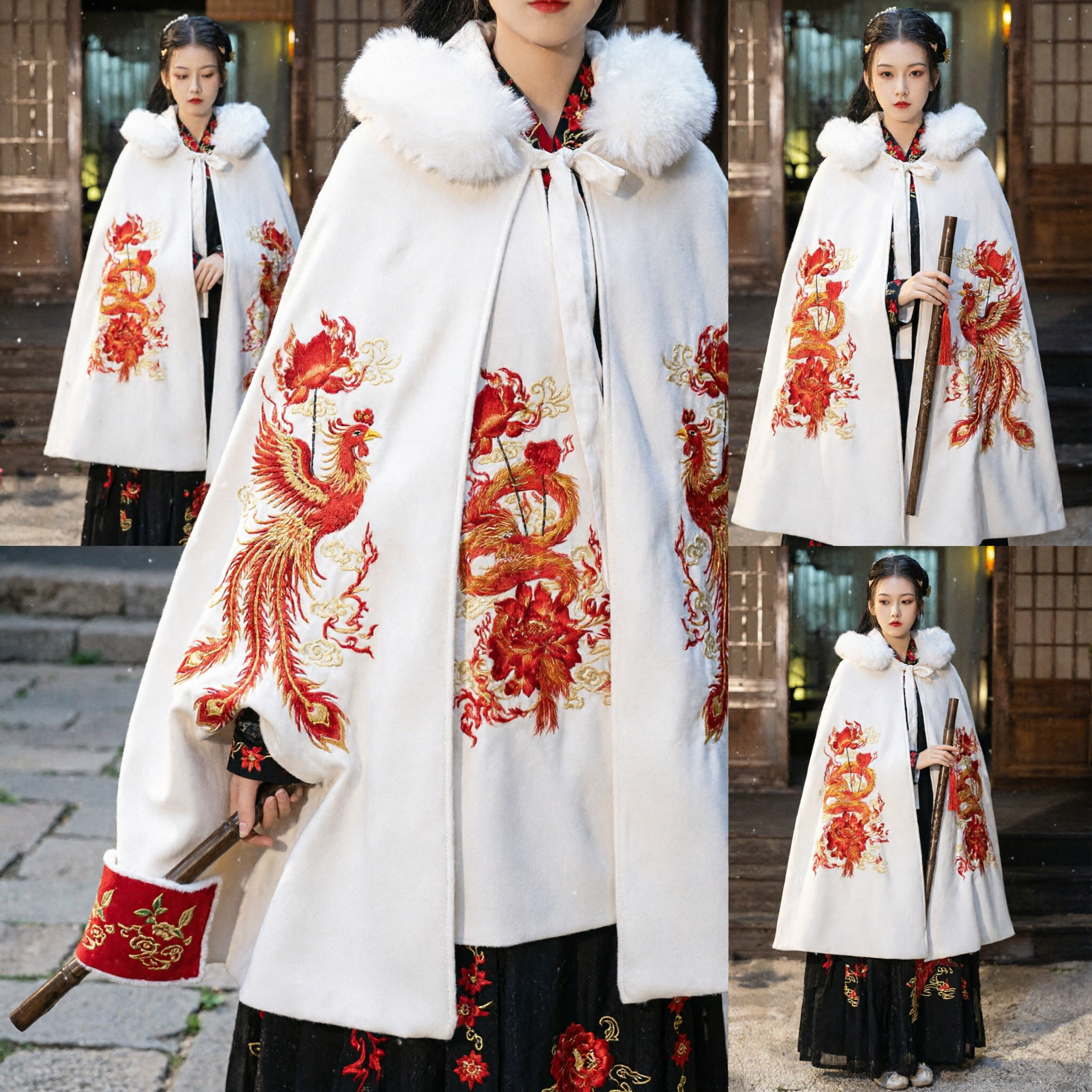 Traditional Chinese Hanfu Winter Cloak White Fur Collar Dragon Embroidery Cape Ancient Costume for Women