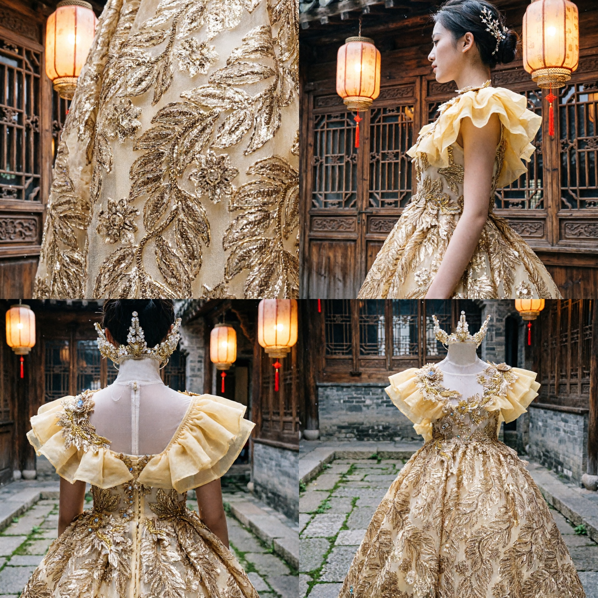 Elegant Gold Sequin Princess Dress with Crown for Children Pageant Stage Performance Costume