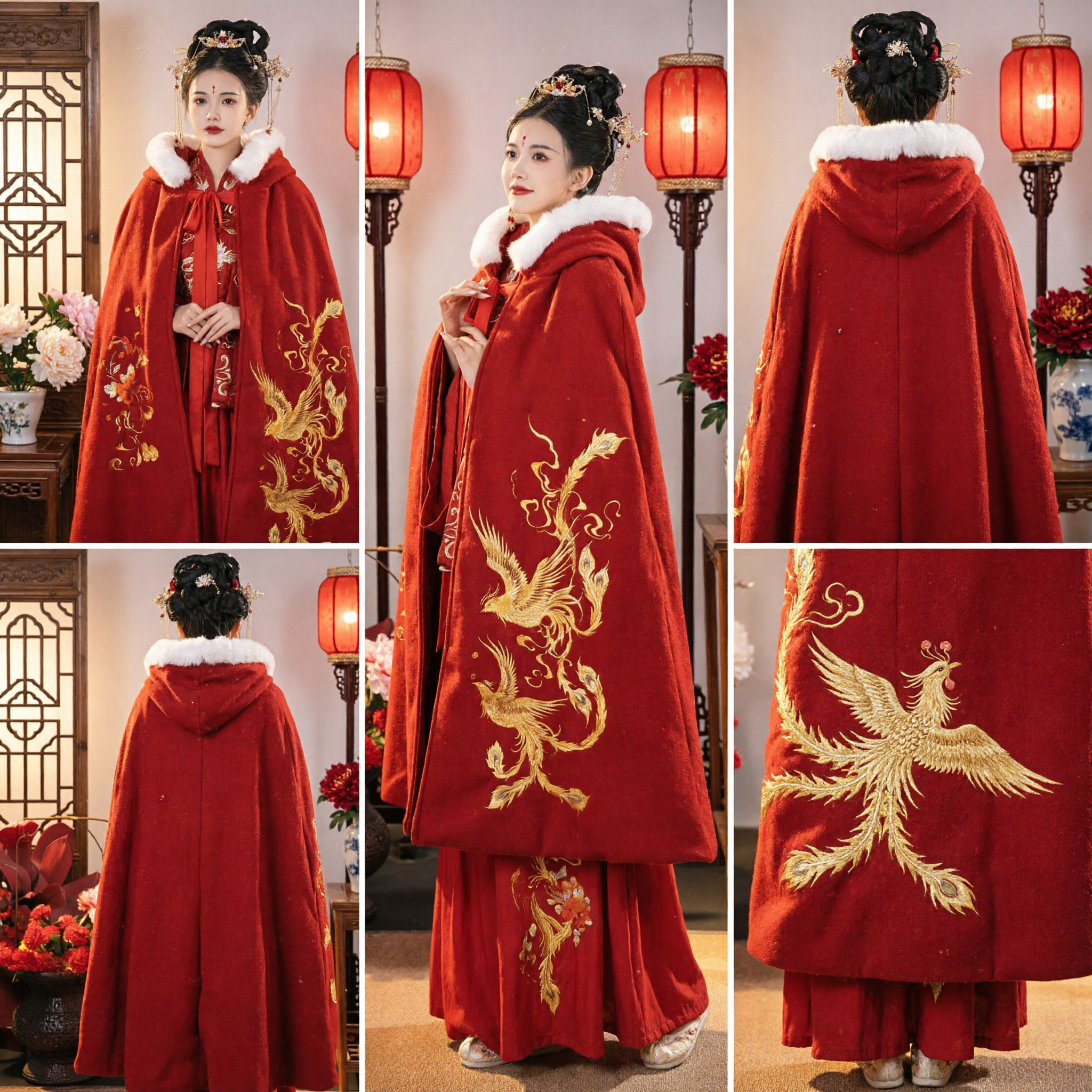 Traditional Chinese Red Hanfu Cape with Gold Phoenix Embroidery and Fur Collar Winter Wedding Cloak for Women