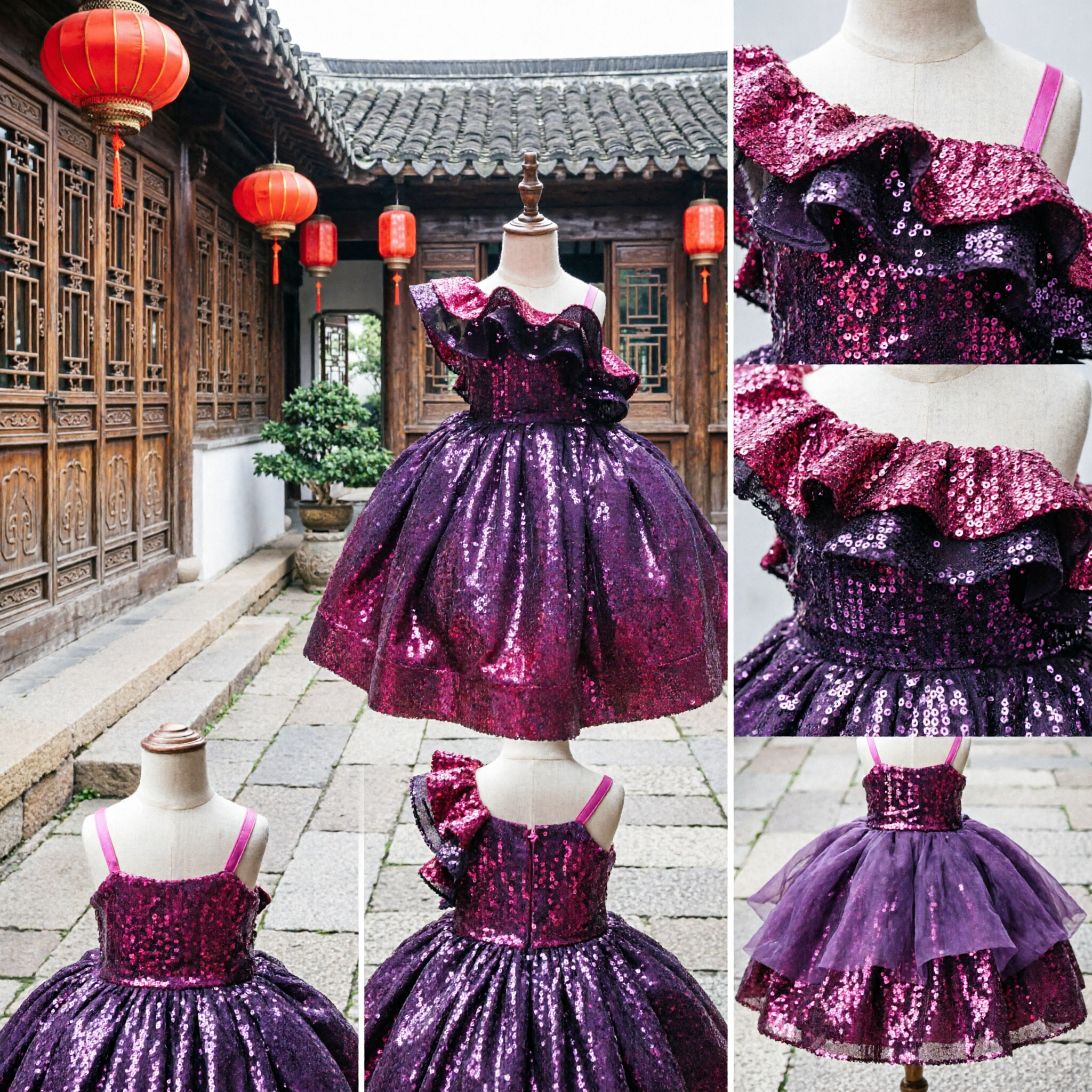 Girls Purple Gradient Sequin Ballgown Stage Performance Costume for Dance Recital and Pageant Party