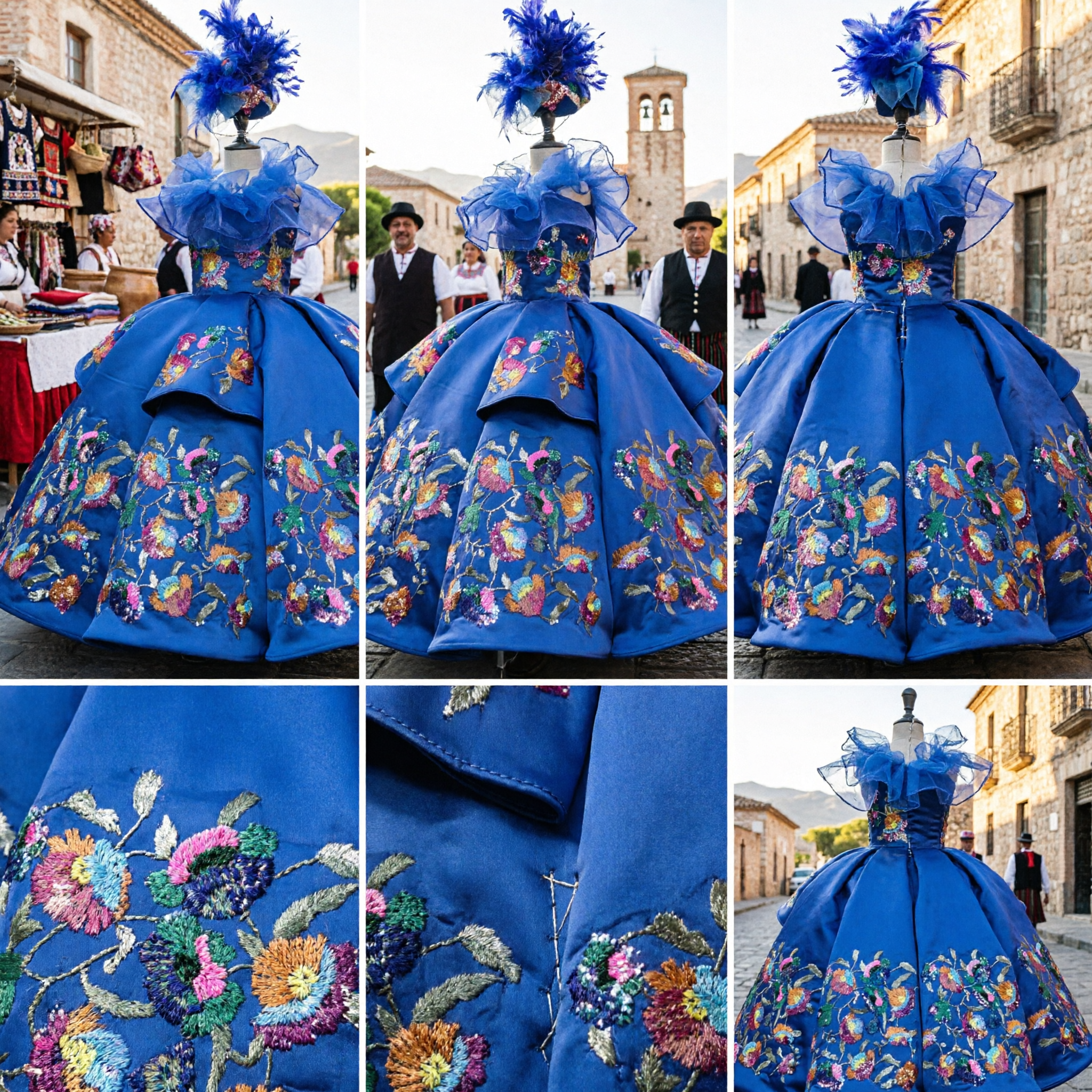 Royal Blue Traditional Chinese Folk Dance Costume with Floral Embroidery and Feather Headpiece for Women Stage Performance
