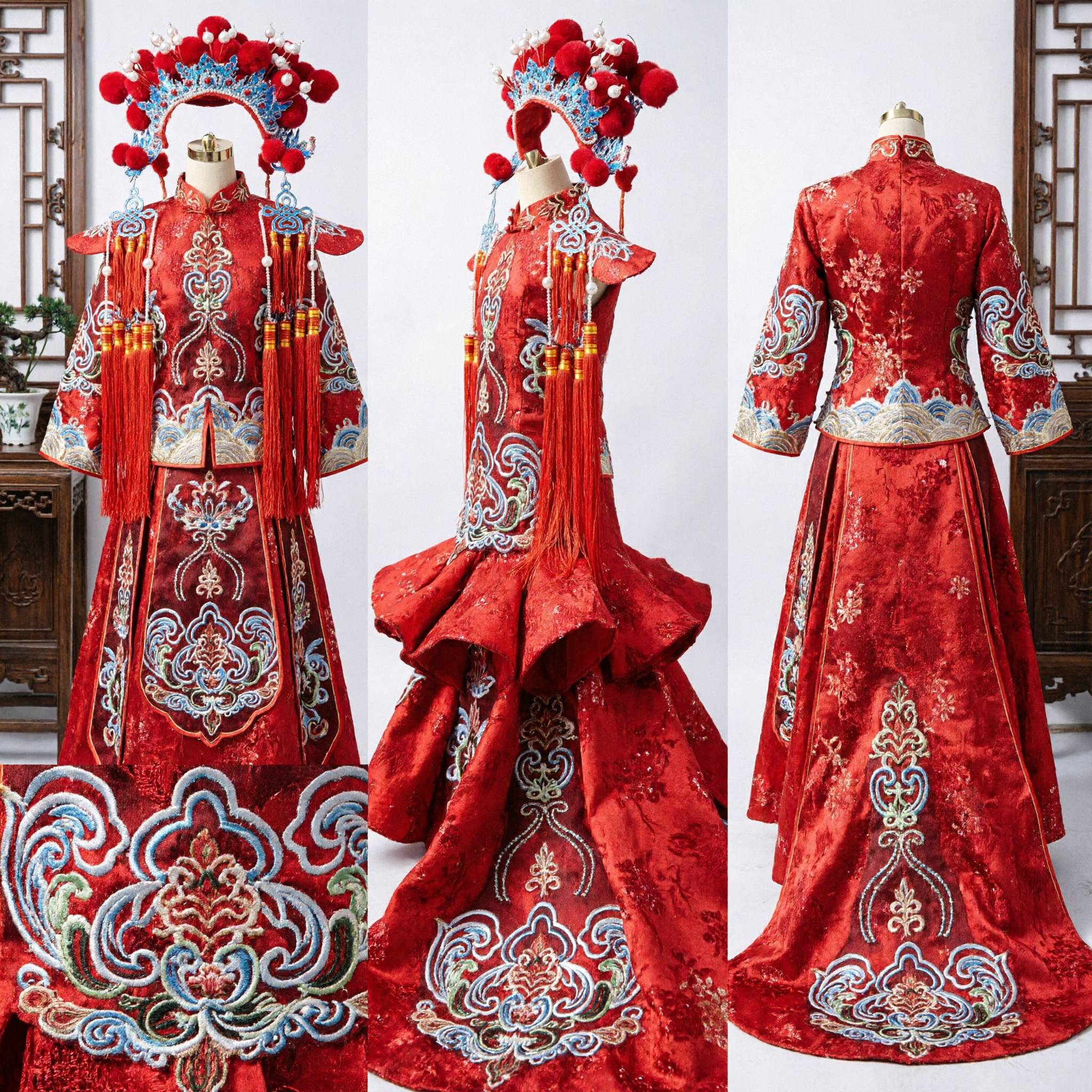 Traditional Chinese Beijing Opera Female General Costume Red Embroidered Robe with Phoenix Headdress for Stage Performance