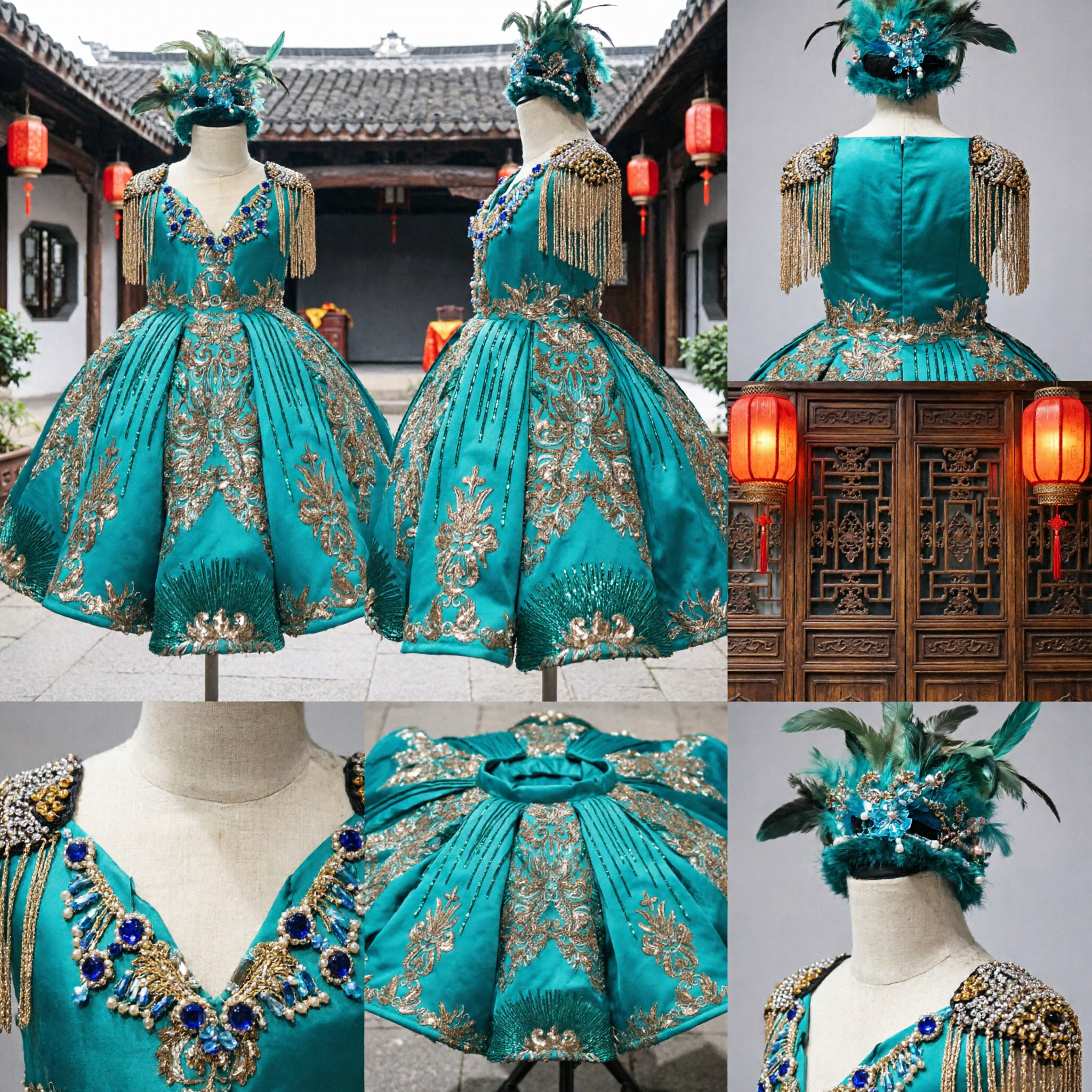 Women's Teal Latin Dance Competition Dress with Gold Embroidery Sequins Fringe and Feather Headpiece Stage Costume