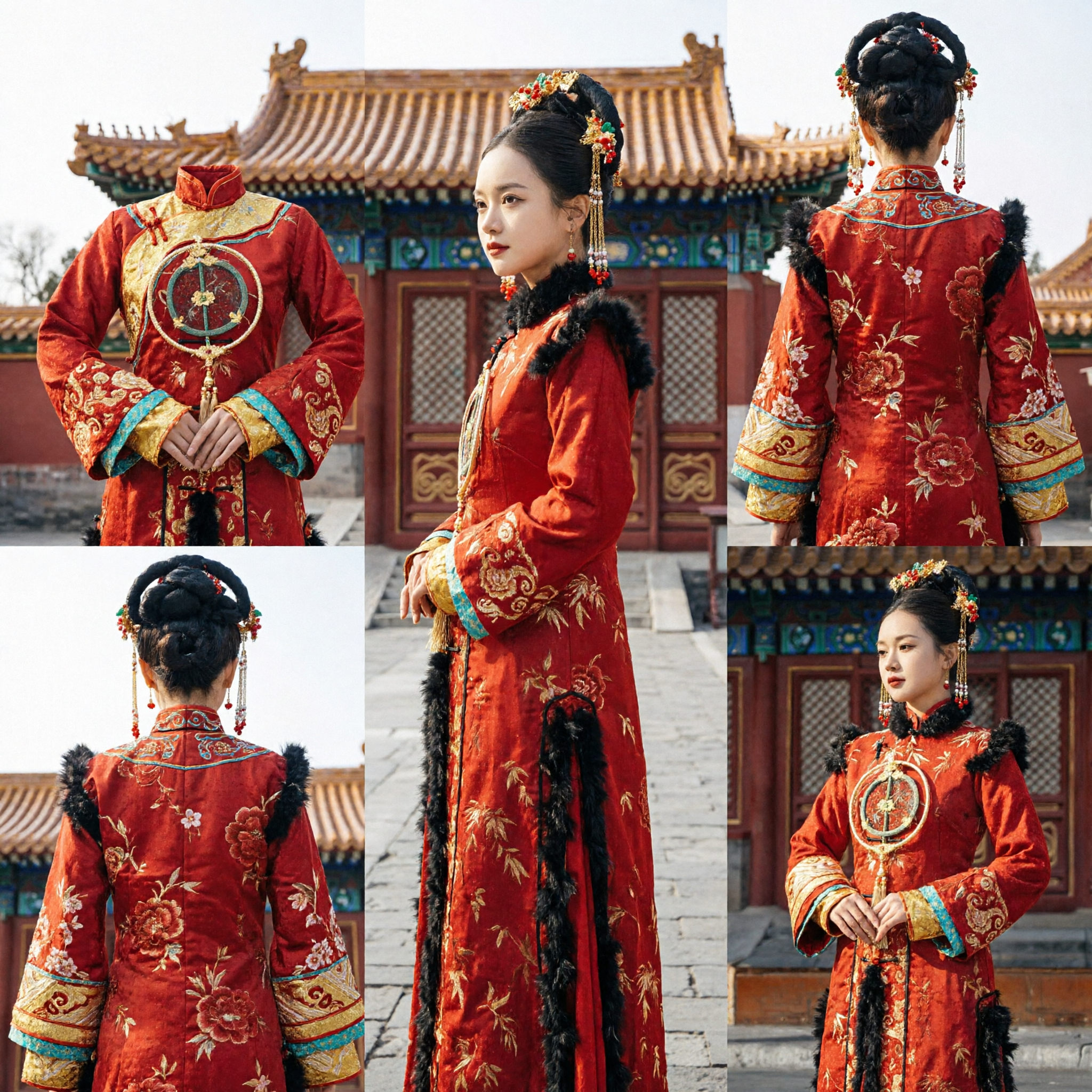 Ancient Chinese Qing Dynasty Red Palace Dress Traditional Manchu Princess Costume with Fur Trim for Cosplay Events