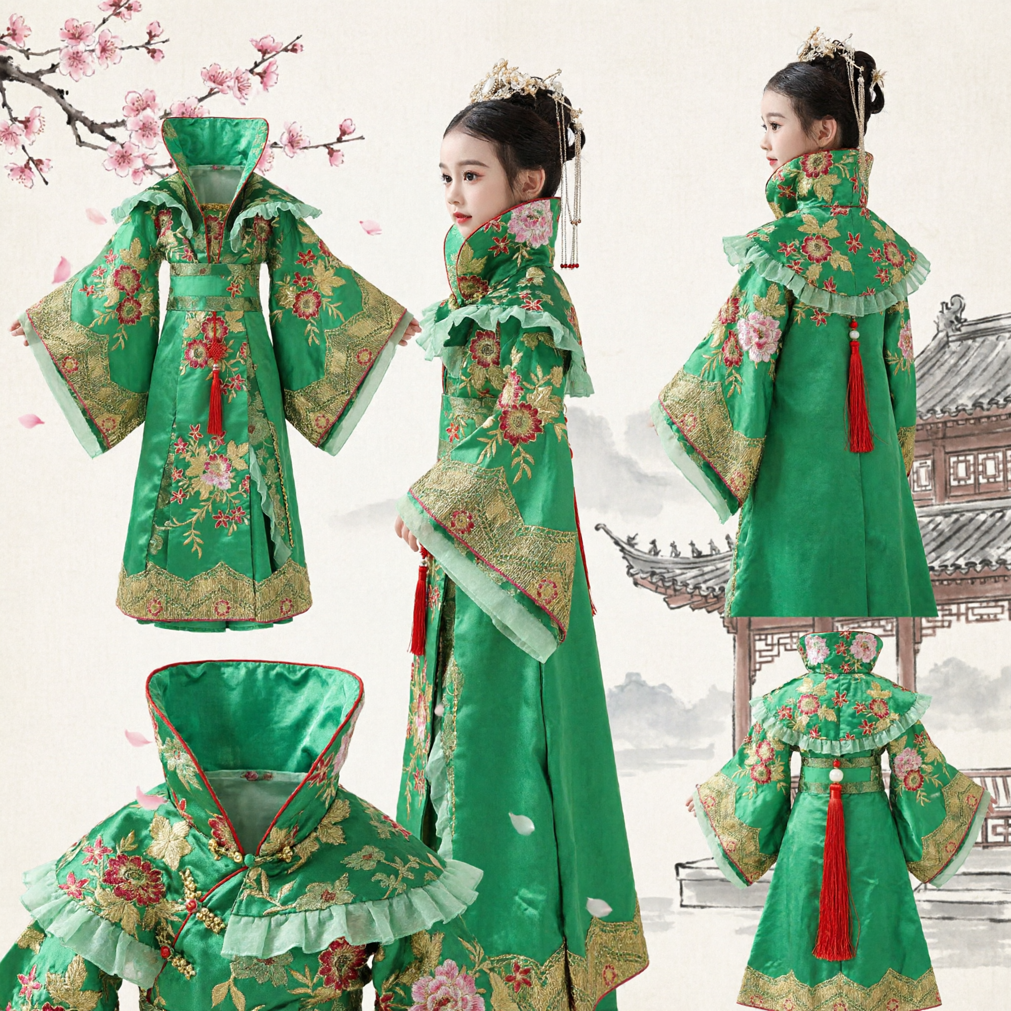 Green Traditional Chinese Hanfu Costume for Girls Ancient Empress Floral Embroidered Palace Dress for Performance