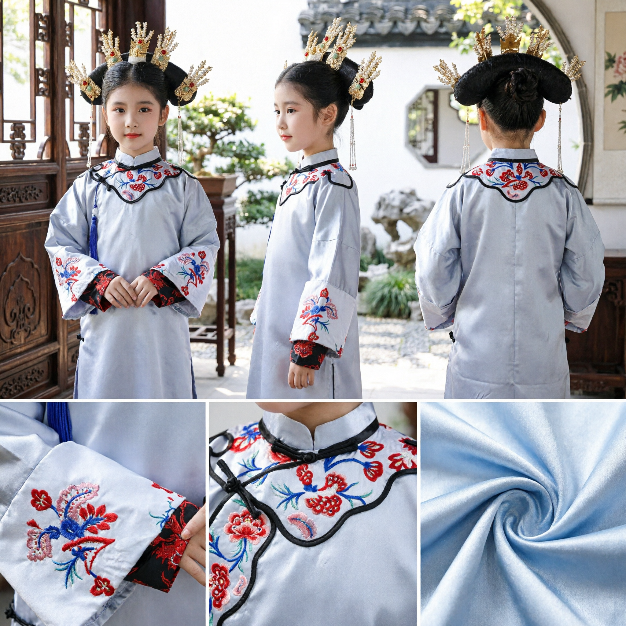 Traditional Chinese Qing Dynasty Manchu Princess Costume for Girls Kids Embroidered Hanfu Dress with Headdress