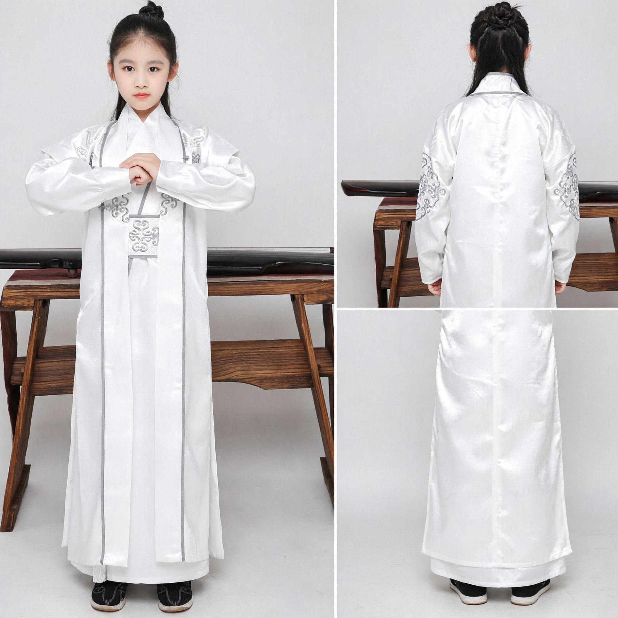 Kids White Chinese Traditional Hanfu Ancient Scholar Robe Embroidered Costume for Children Performance Cosplay