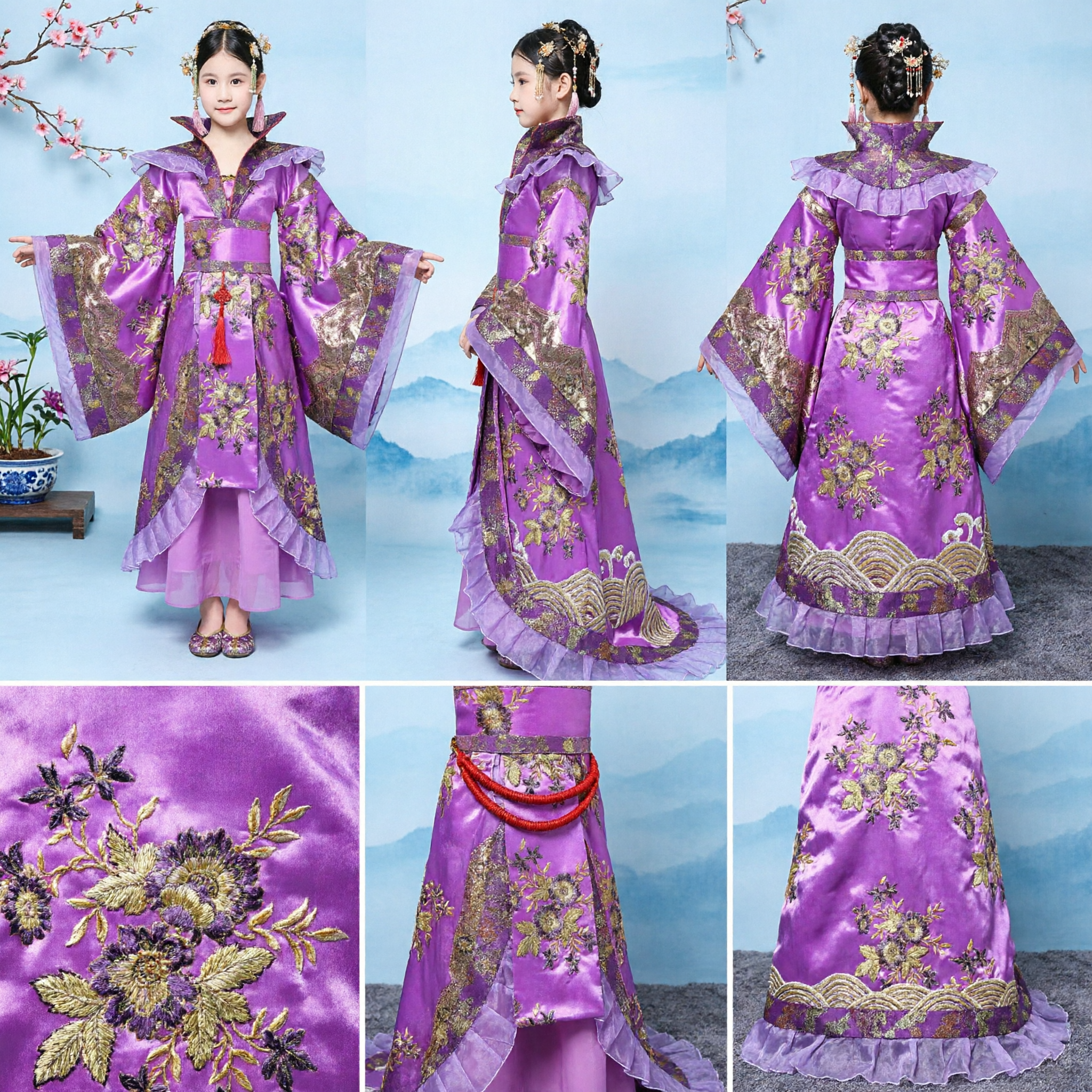 Girls Purple Chinese Traditional Hanfu Tang Dynasty Princess Costume Kids Ancient Embroidery Performance Dress
