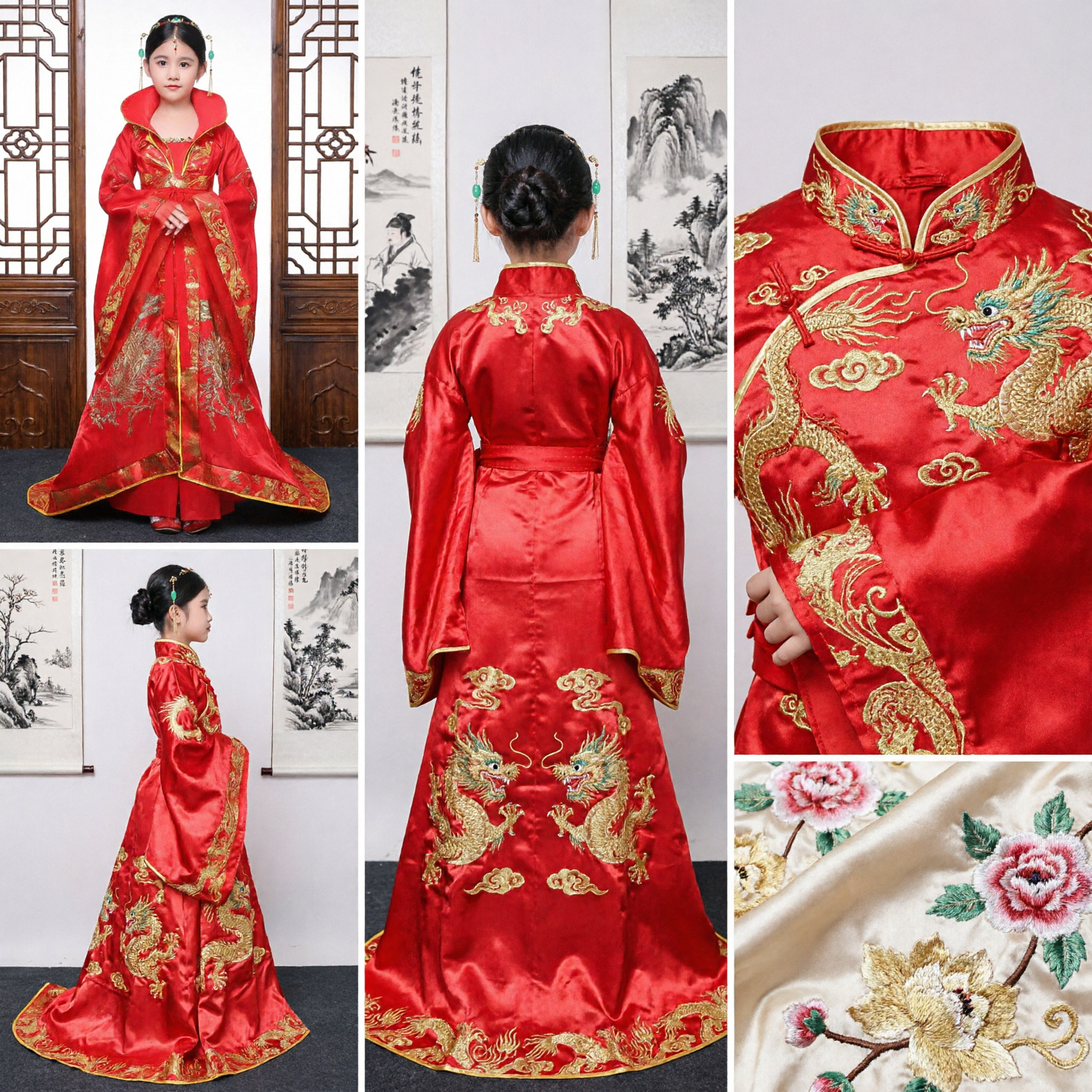 Traditional Chinese Red Hanfu Dress for Girls Kids Ancient Wedding Costume Gold Embroidery Ceremony Outfit