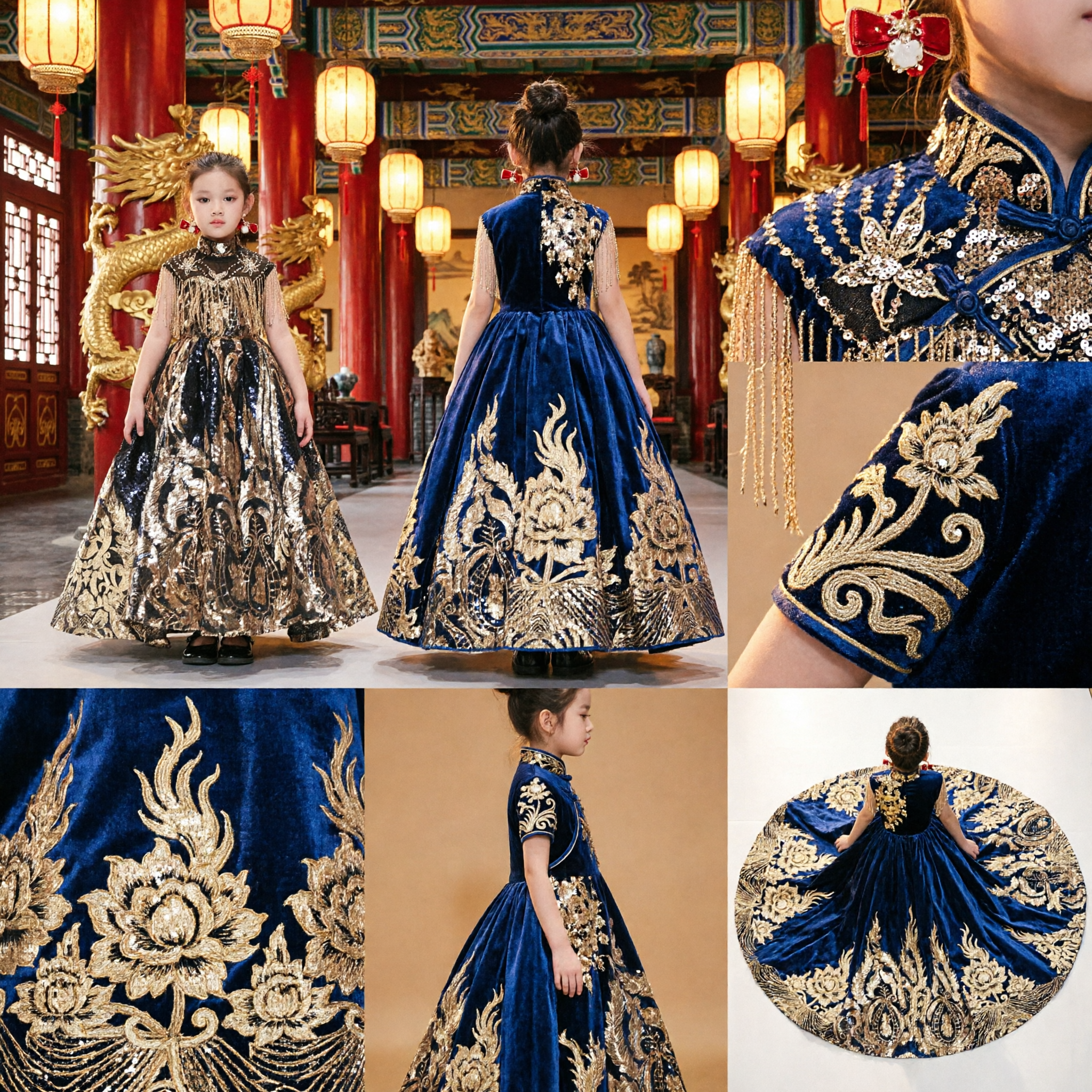Luxury Gold Sequin Ball Gown for Girls Traditional Chinese Embroidery Pageant Wedding Party Dress