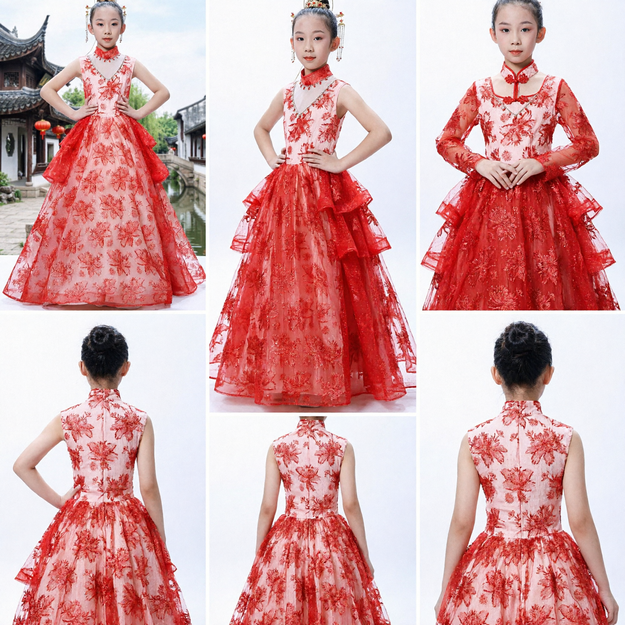 Girls Red Floral Embroidery Ballgown Traditional Chinese Style Stage Performance Pageant Formal Gown for Kids
