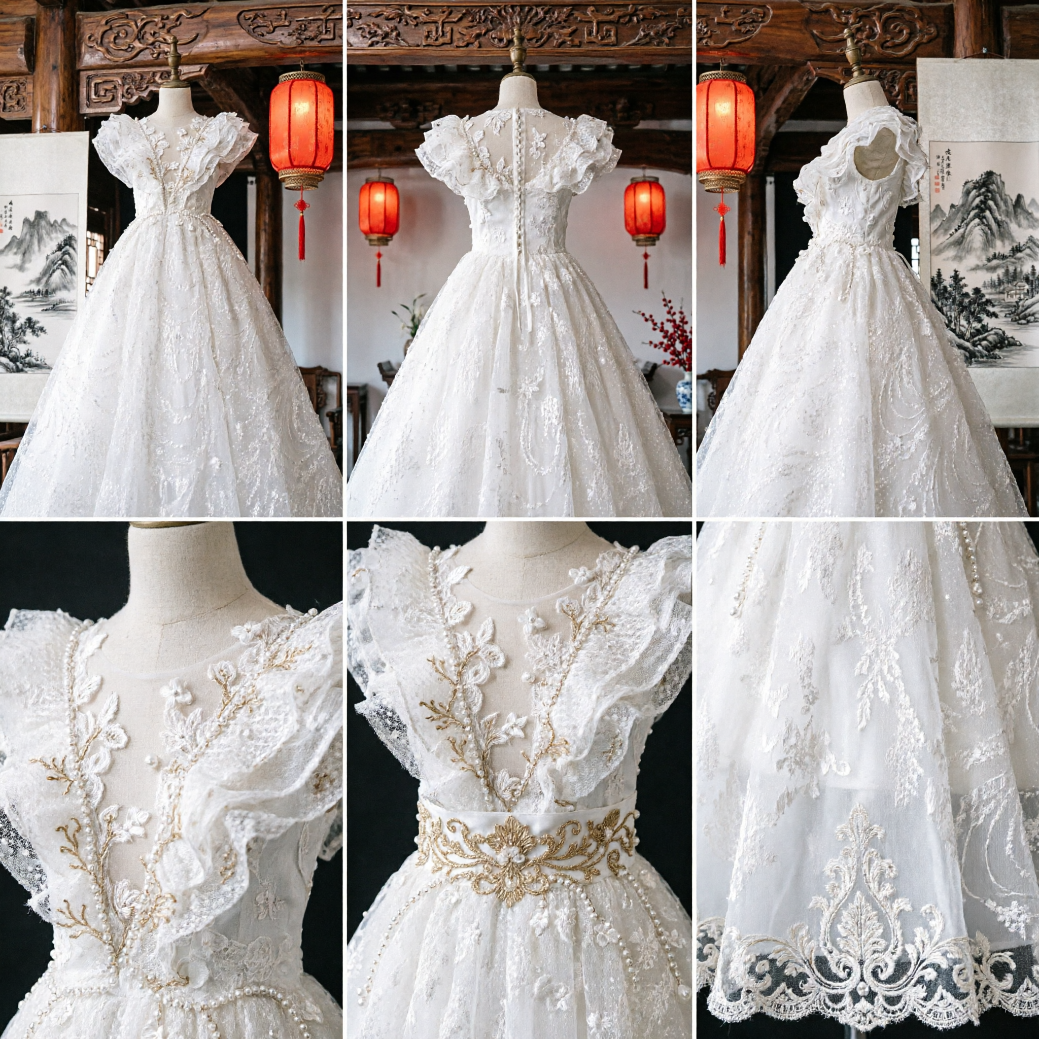 Elegant White Lace Ballgown Wedding Dress with Ruffled Sleeves and Embroidered Bodice for Brides