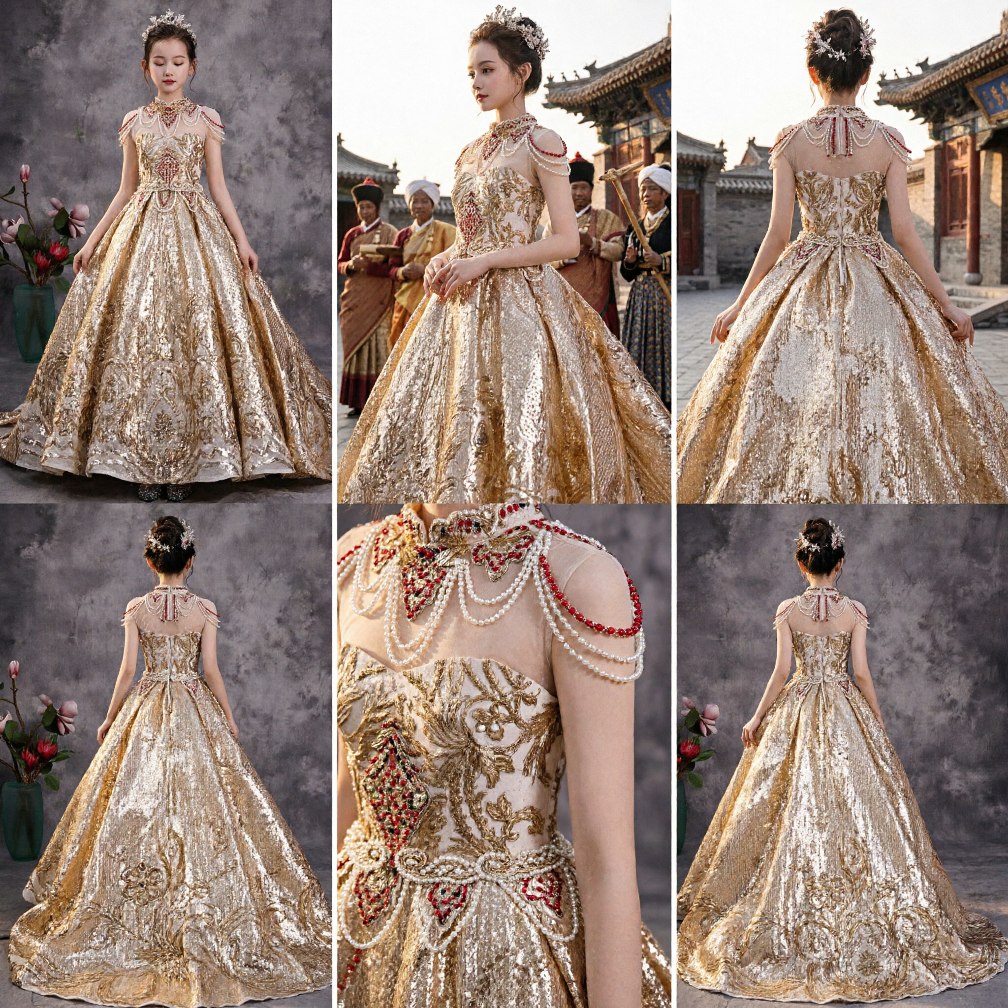 Girls Gold Jacquard Long Ball Gown Formal Evening Dress Kids Princess Wedding Pageant Costume