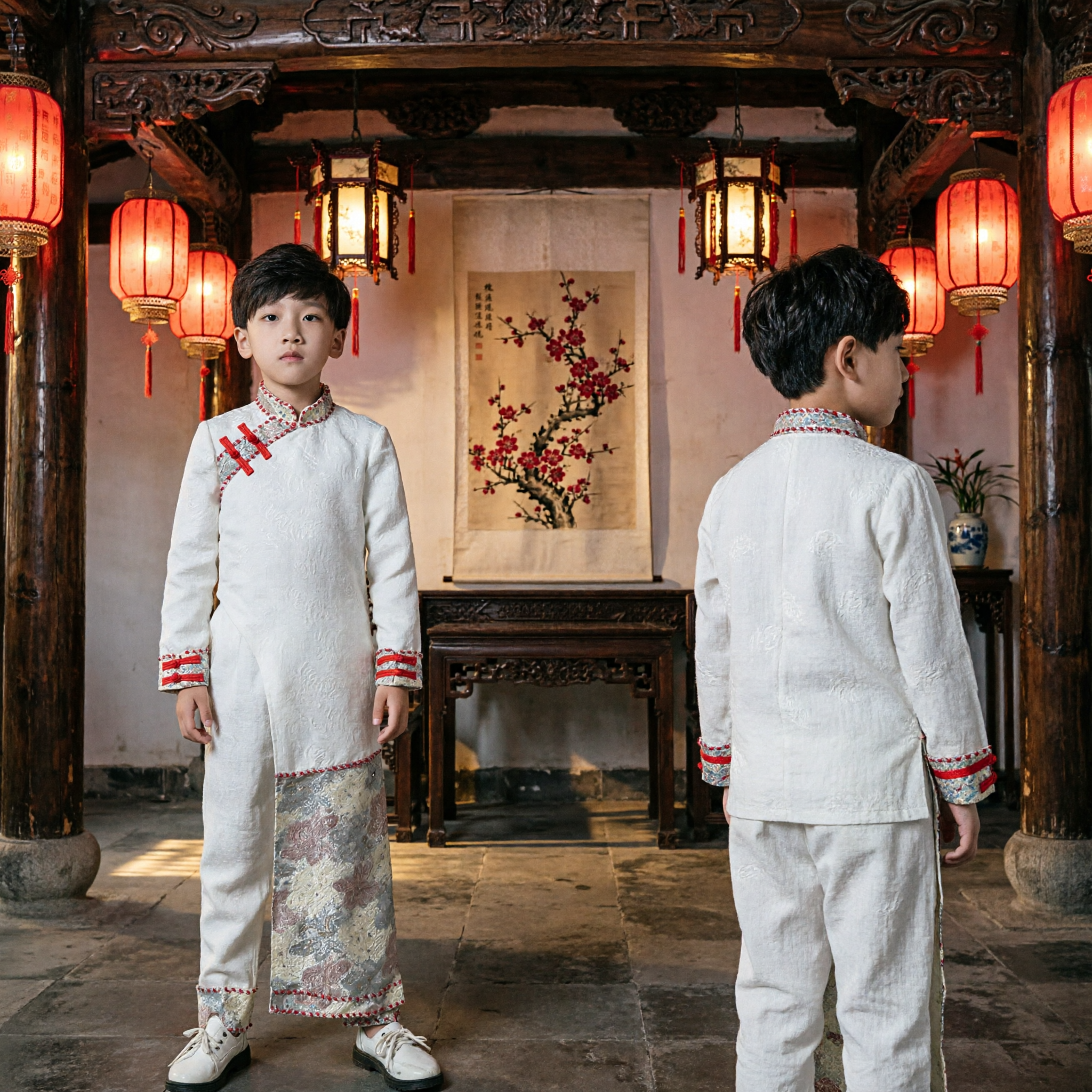 Boys Traditional Chinese Tang Suit Changshan Embroidered National Costume Kids Wedding Party Performance Outfit