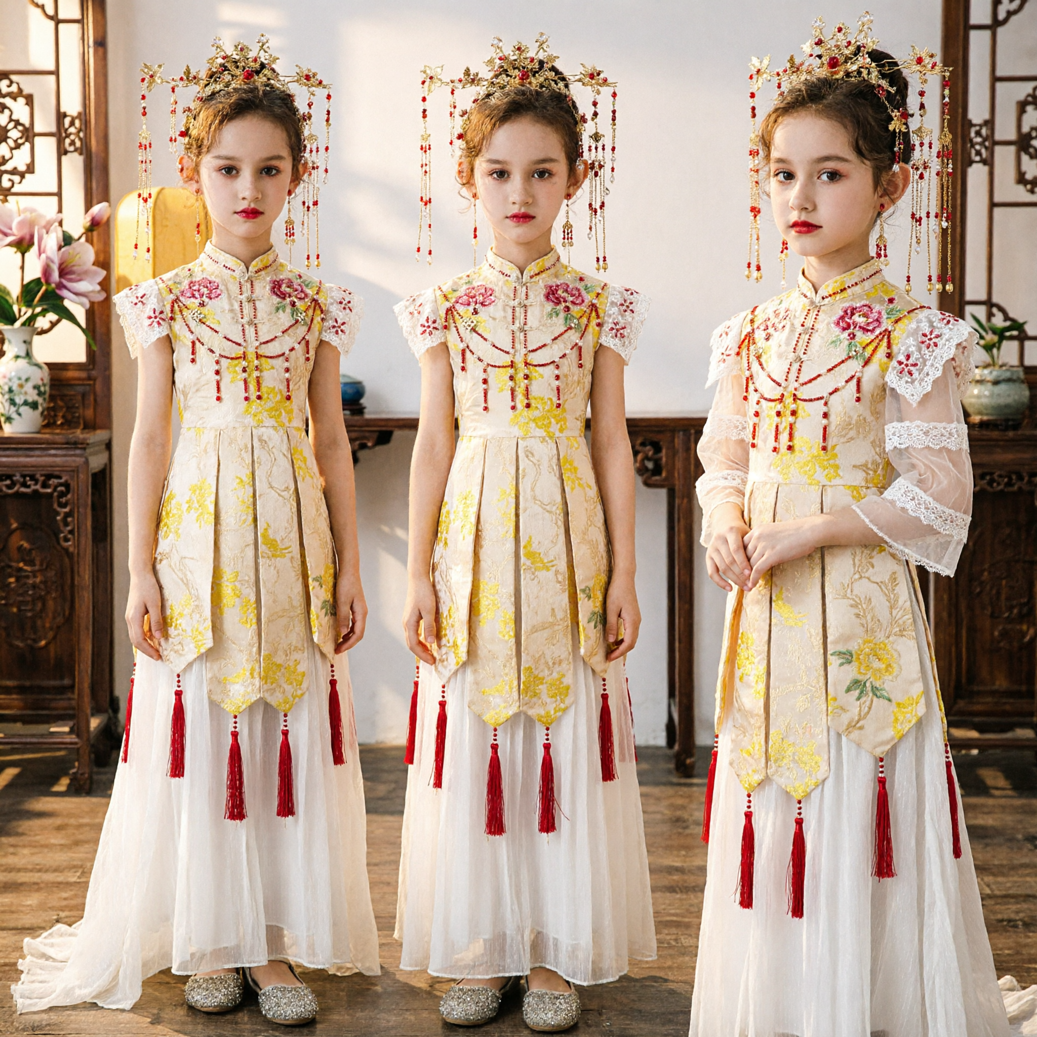 Girls Chinese Traditional Hanfu Qipao Dress Embroidered Kids Costume for Wedding Performance Party