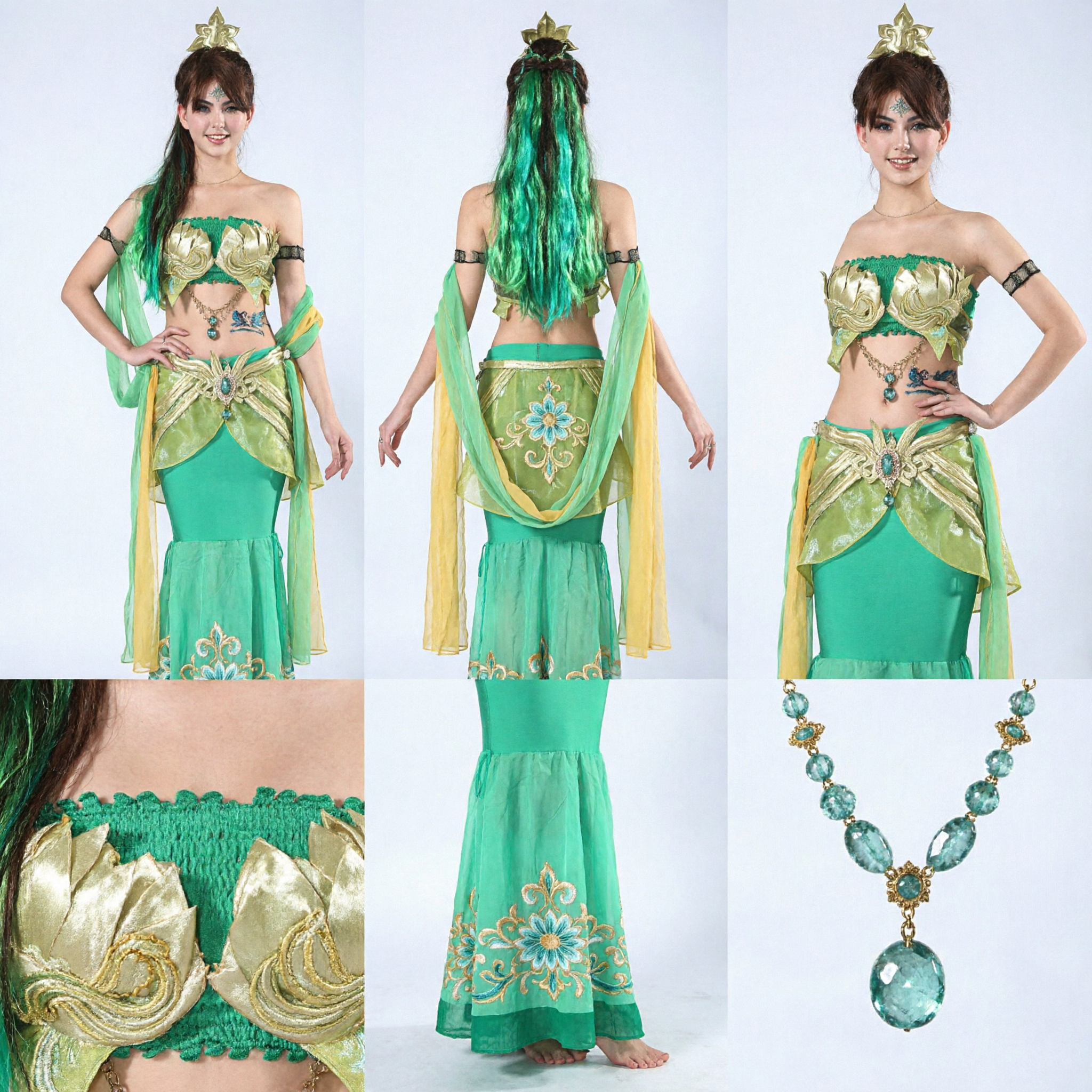 Women's Green Fairy Ancient Chinese Dance Costume Fantasy Leaf Outfit for Stage Performance and Cosplay