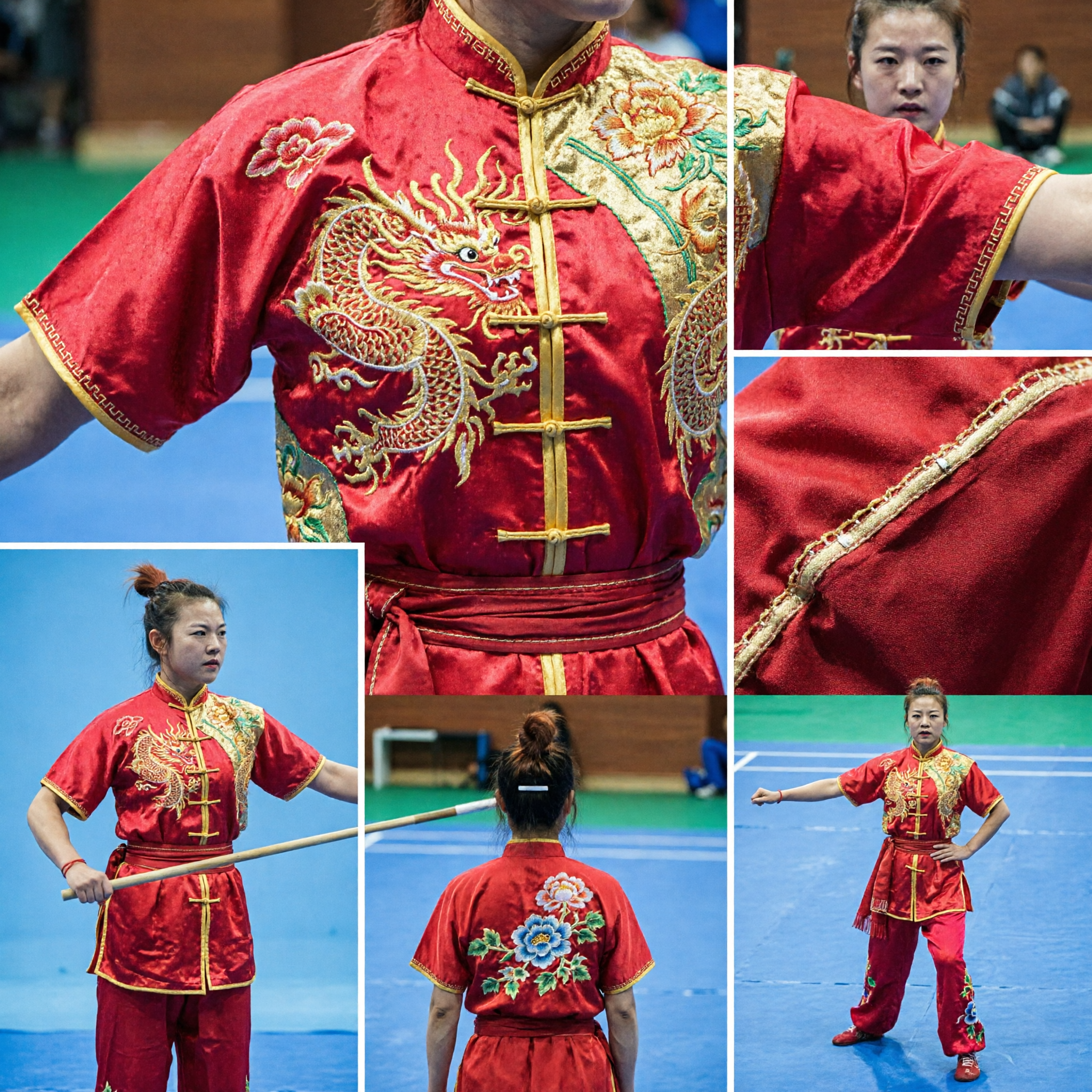 Professional Red Chinese Kung Fu Uniform Wushu Costume with Gold Dragon Embroidery for Martial Arts Competition