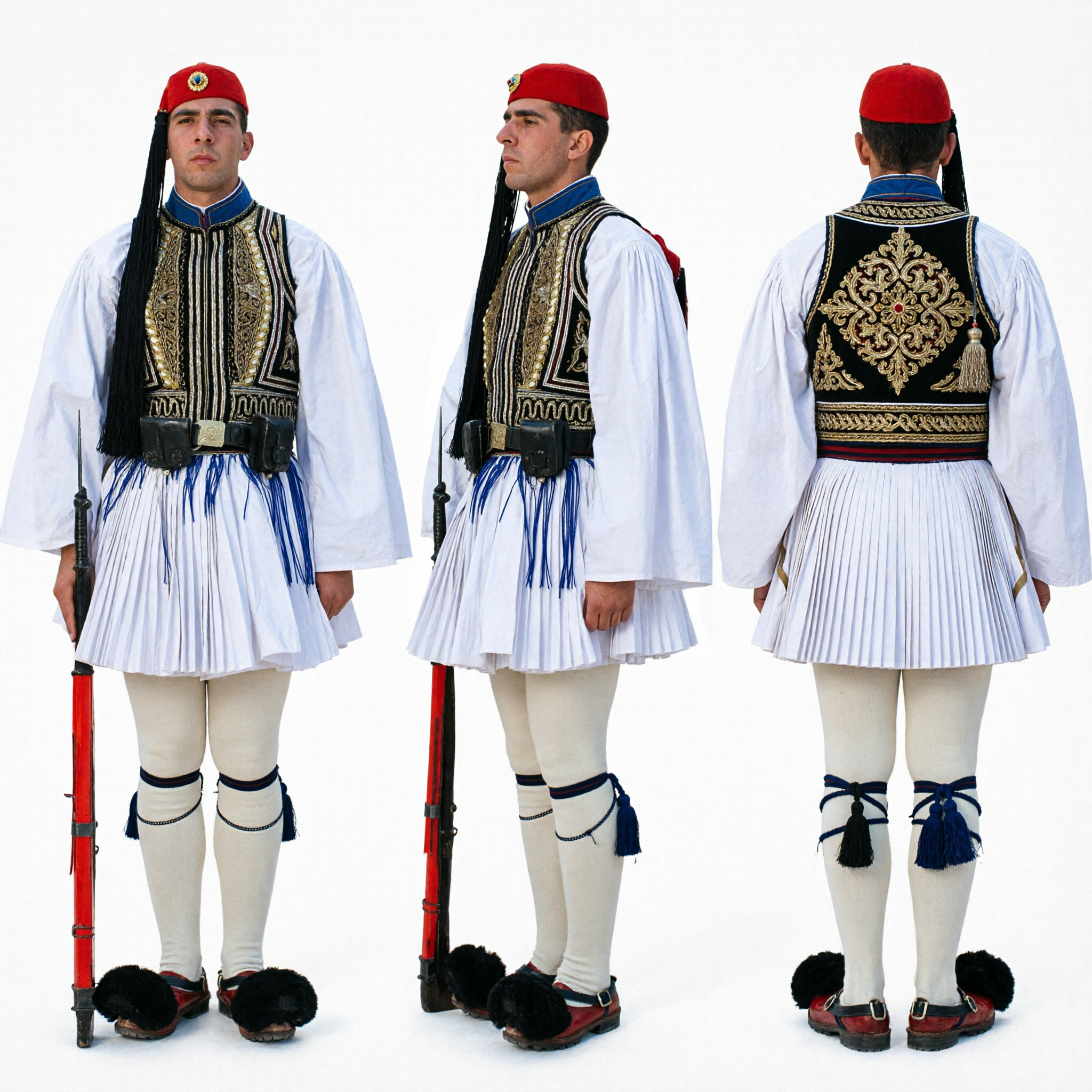 Men's Traditional Greek Evzone Guard Costume featuring Fustanella Skirt, Embroidered Vest, and Tsarouchia Shoes