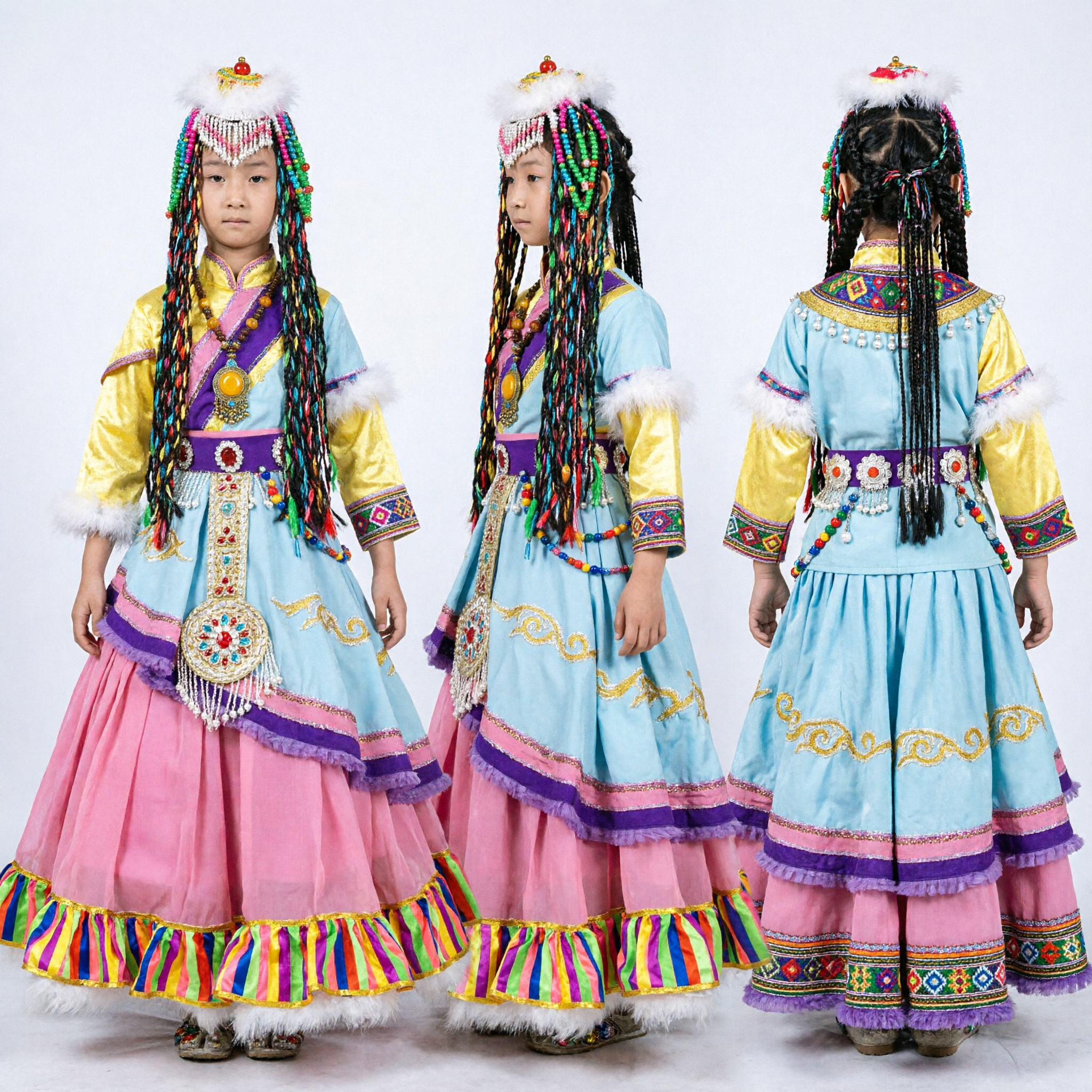 Kids Tibetan Traditional Dance Costume Girls Ethnic Minority Stage Performance Dress with Beaded Hair Accessories