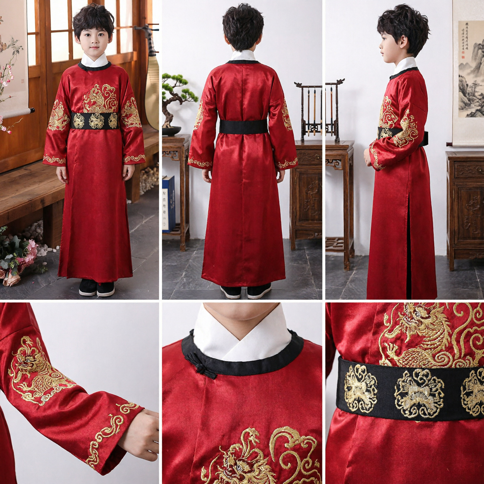 Traditional Chinese Hanfu for Boys Red Dragon Embroidery Robe Ancient Costume Kids Tang Suit for Wedding Performance