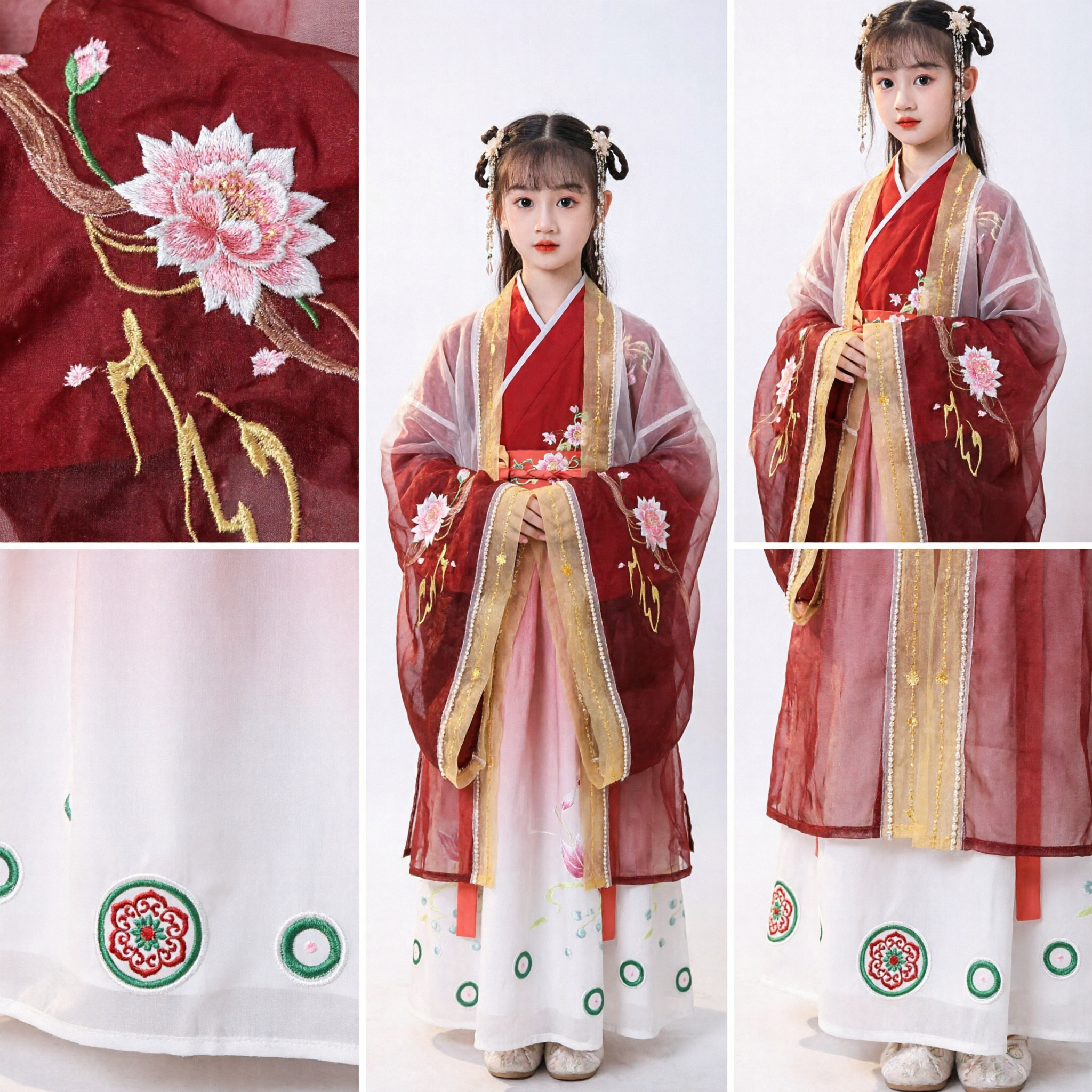 Kids Chinese Traditional Hanfu Costume Ancient Fairy Princess Dress Red Embroidered Tang Dynasty Outfit