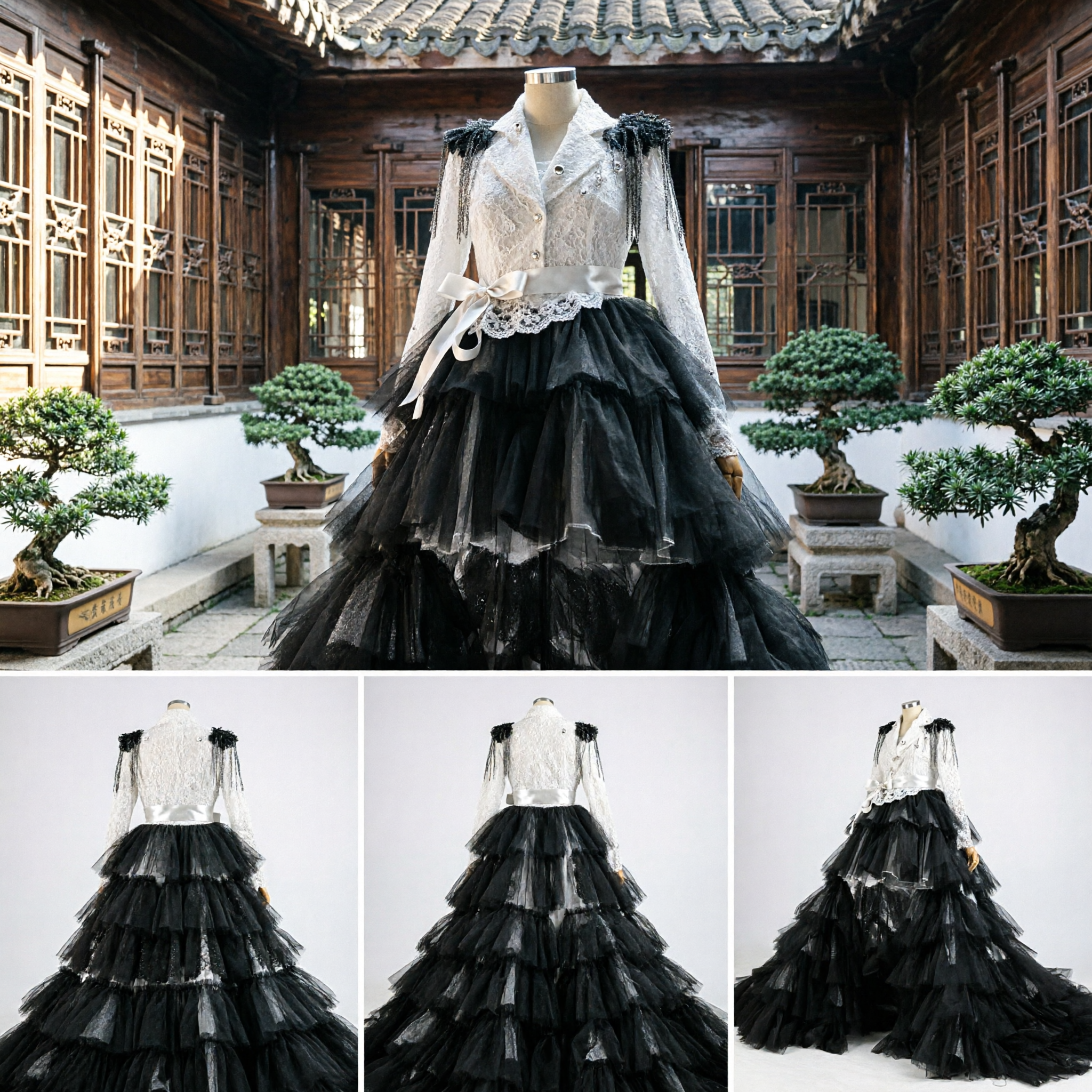 Women's Dramatic Black Tiered Tulle Ballgown with Silver Brocade Jacket for Stage Performance and Theatrical Events