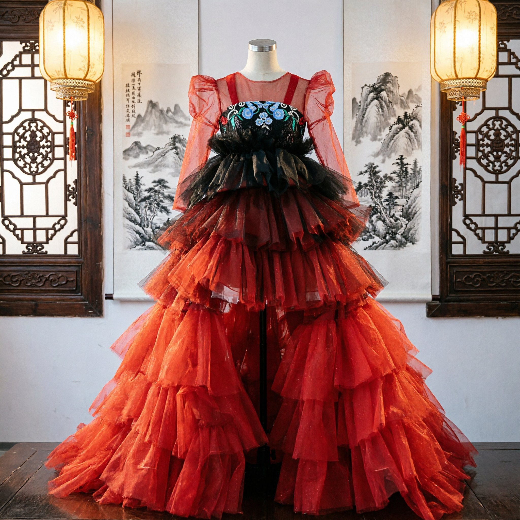 Elegant Red Tiered Tulle Ballgown with Floral Embroidery for Women's Stage Performance and Formal Galas