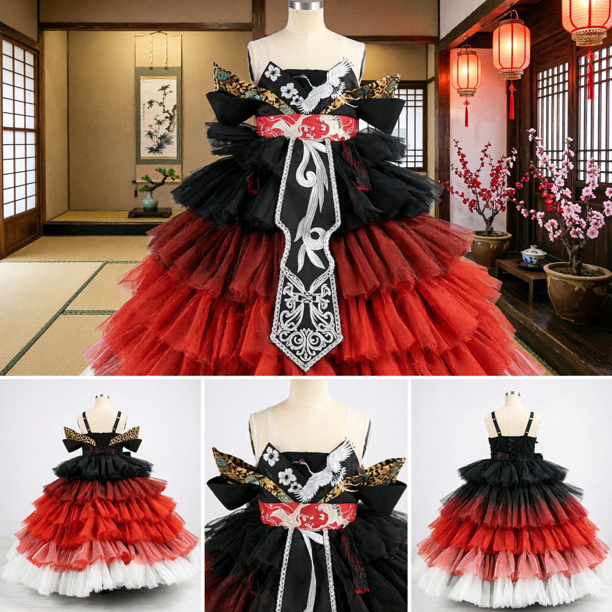 Traditional Chinese Crane Embroidery Dress Red Black White Layered Tutu Ballgown for Girls Wedding Party Costume