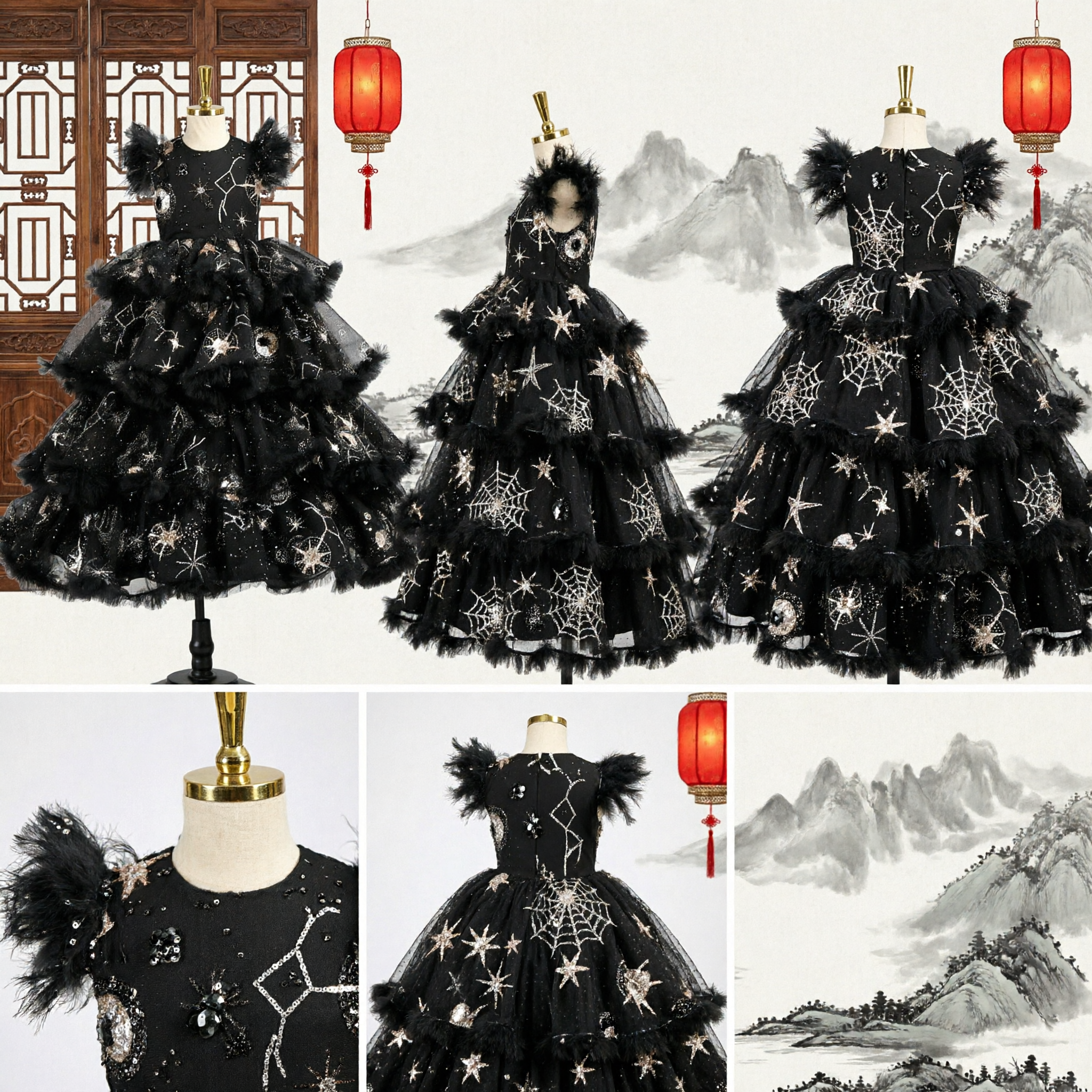 Black Constellation Star Print Tulle Ball Gown Dress for Girls Kids Wedding Party Flower Girl