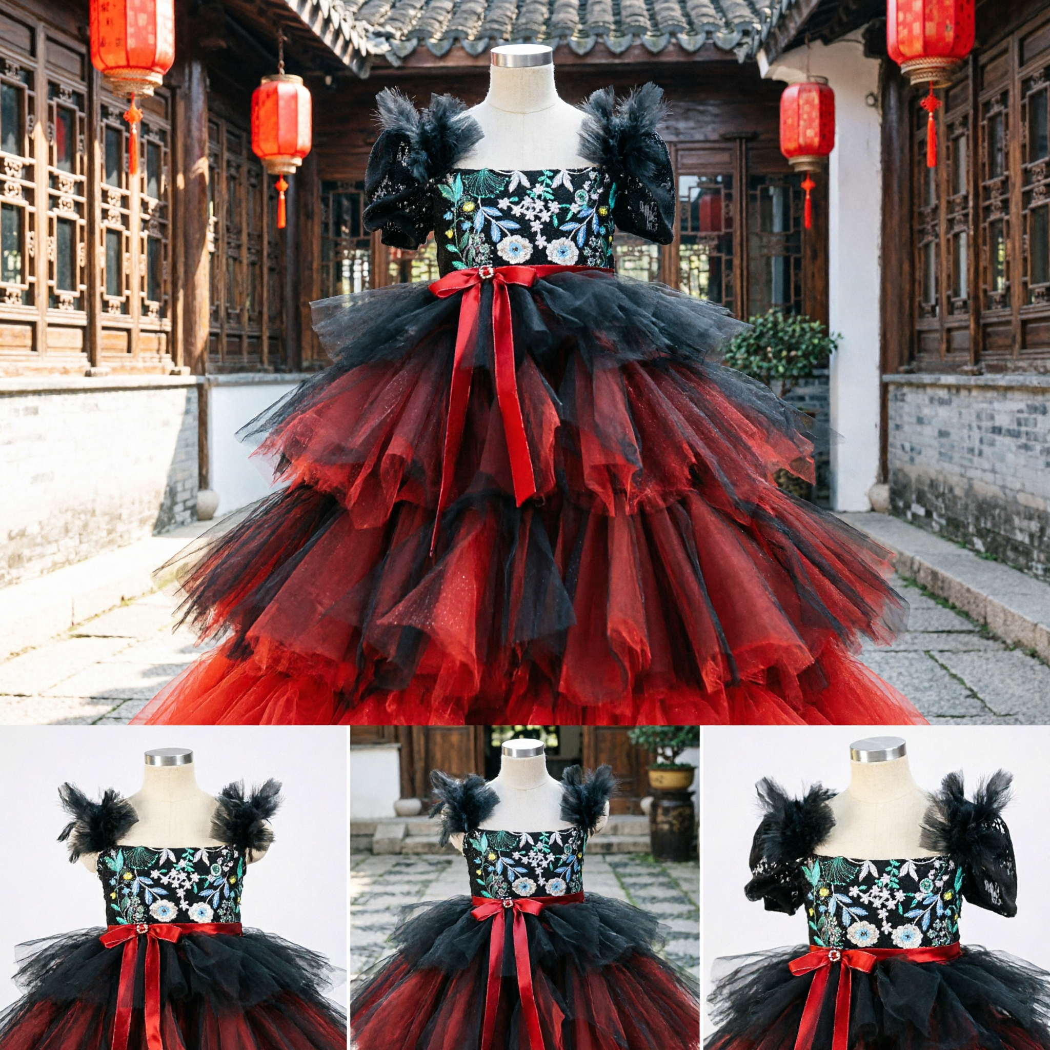 Girls Black Red Floral Embroidery Off-Shoulder Tulle Ball Gown Pageant Dress for Stage Performance