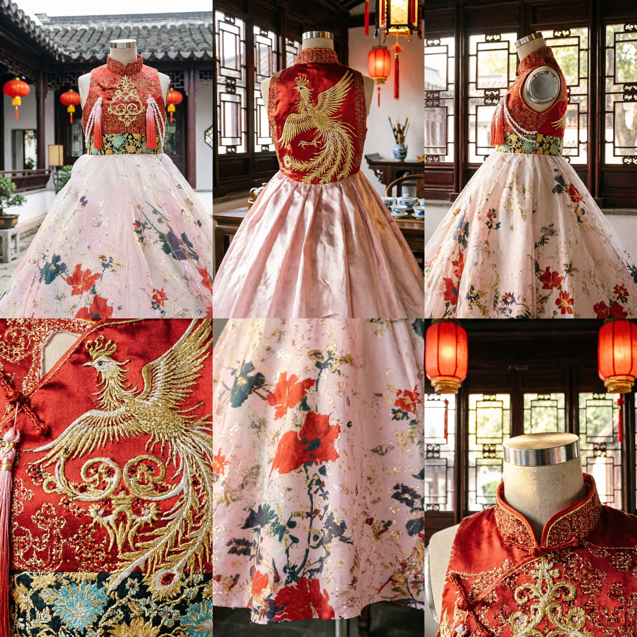 Traditional Chinese Cheongsam Dress for Girls Red Embroidered Bodice Pink Floral Ballgown Wedding Flower Girl Costume