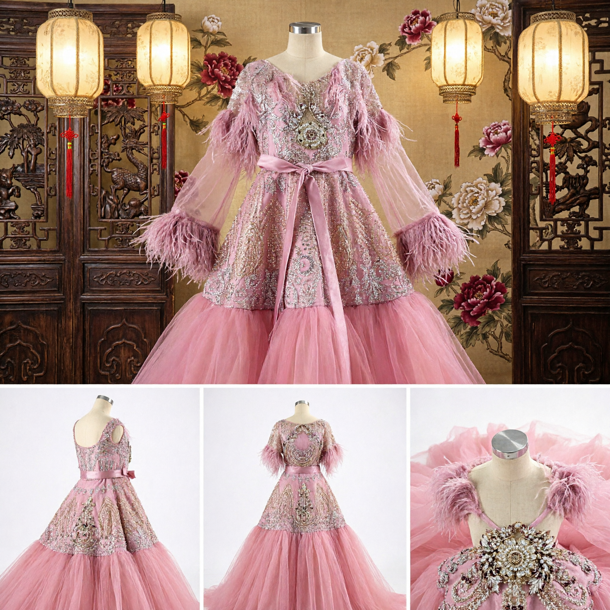 Women's Elegant Pink Princess Ballgown with Feather Sleeves and Sequin Embroidery for Stage Performance