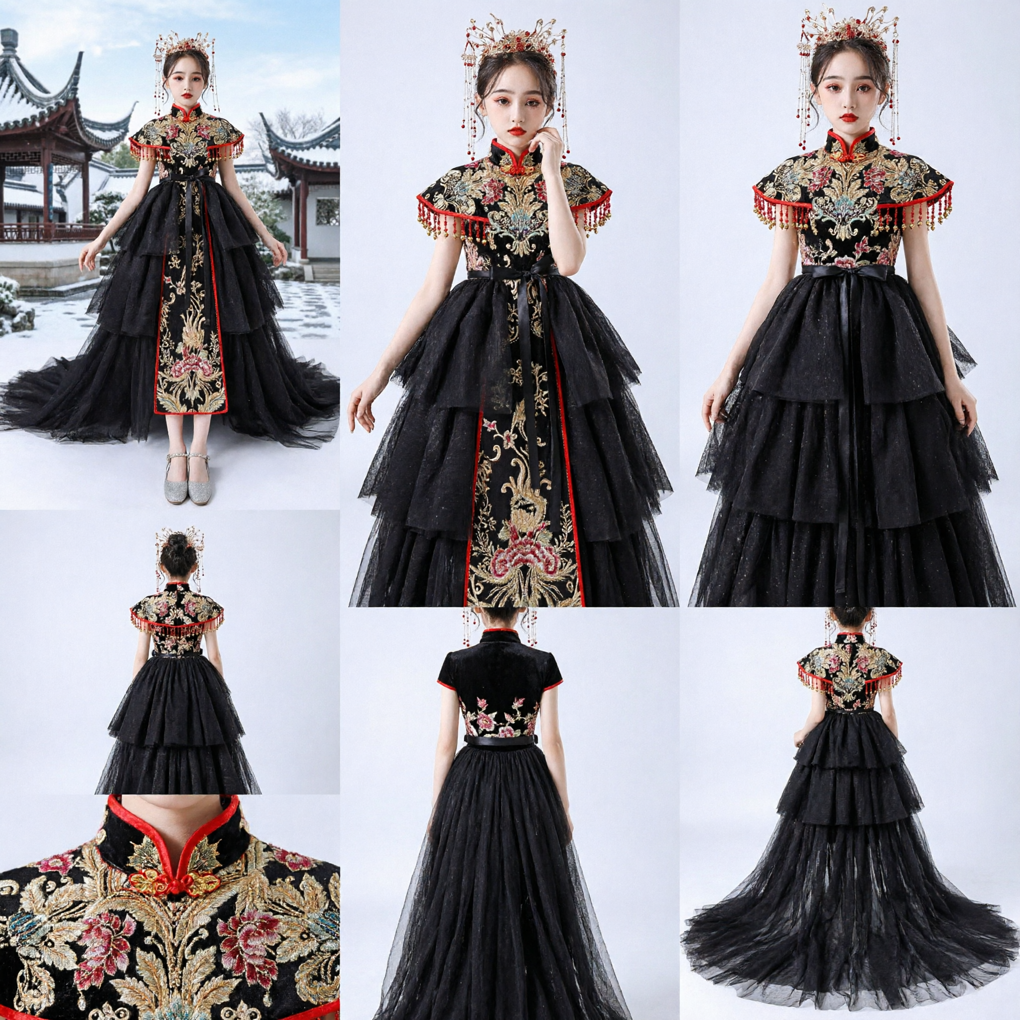 Black Gold Embroidery Chinese Cheongsam Dress for Girls Traditional Qipao Gown Wedding Party Stage Host Costume