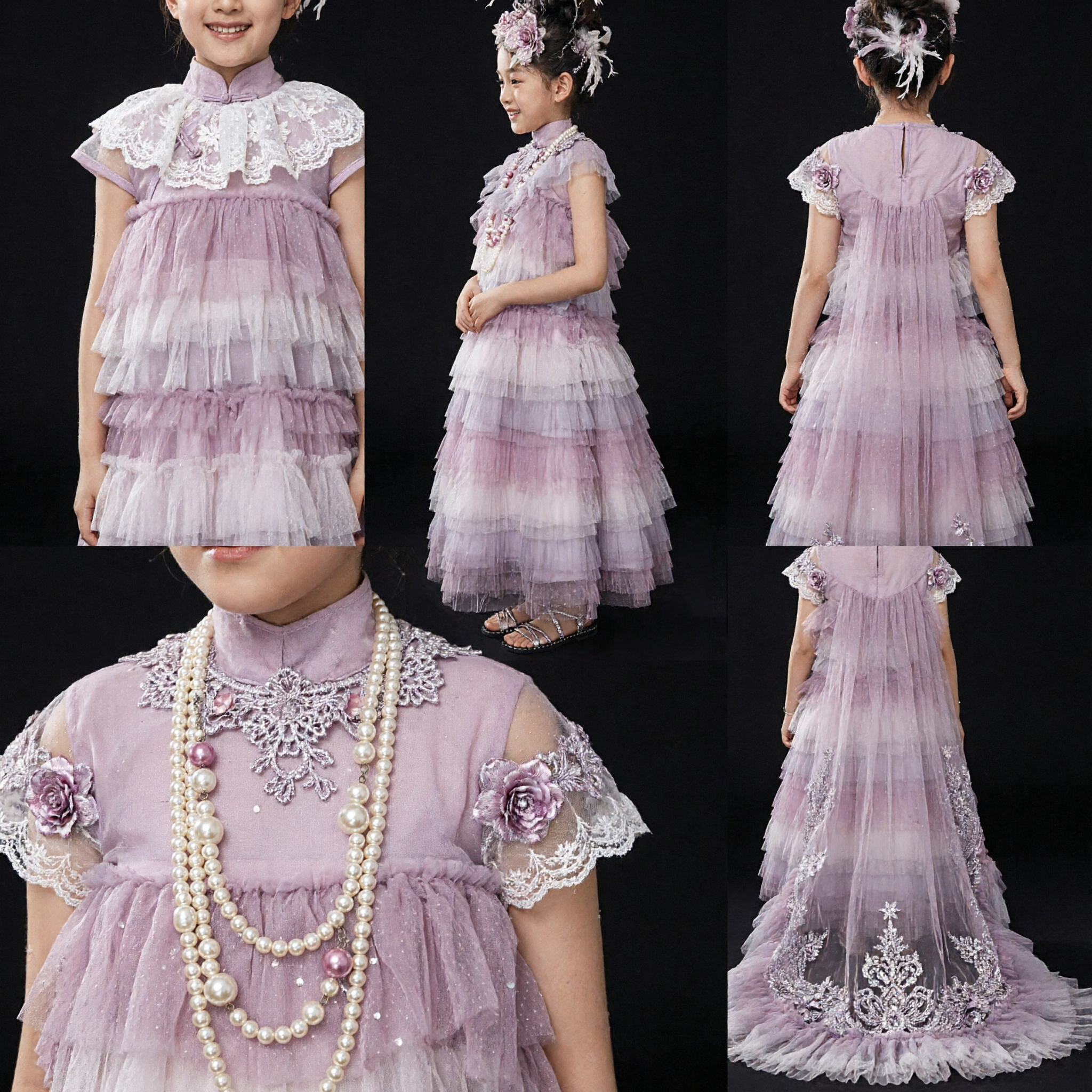 Kids Girls Purple Tulle Stage Performance Dress with Feather Headpiece for Choir Dance Recital