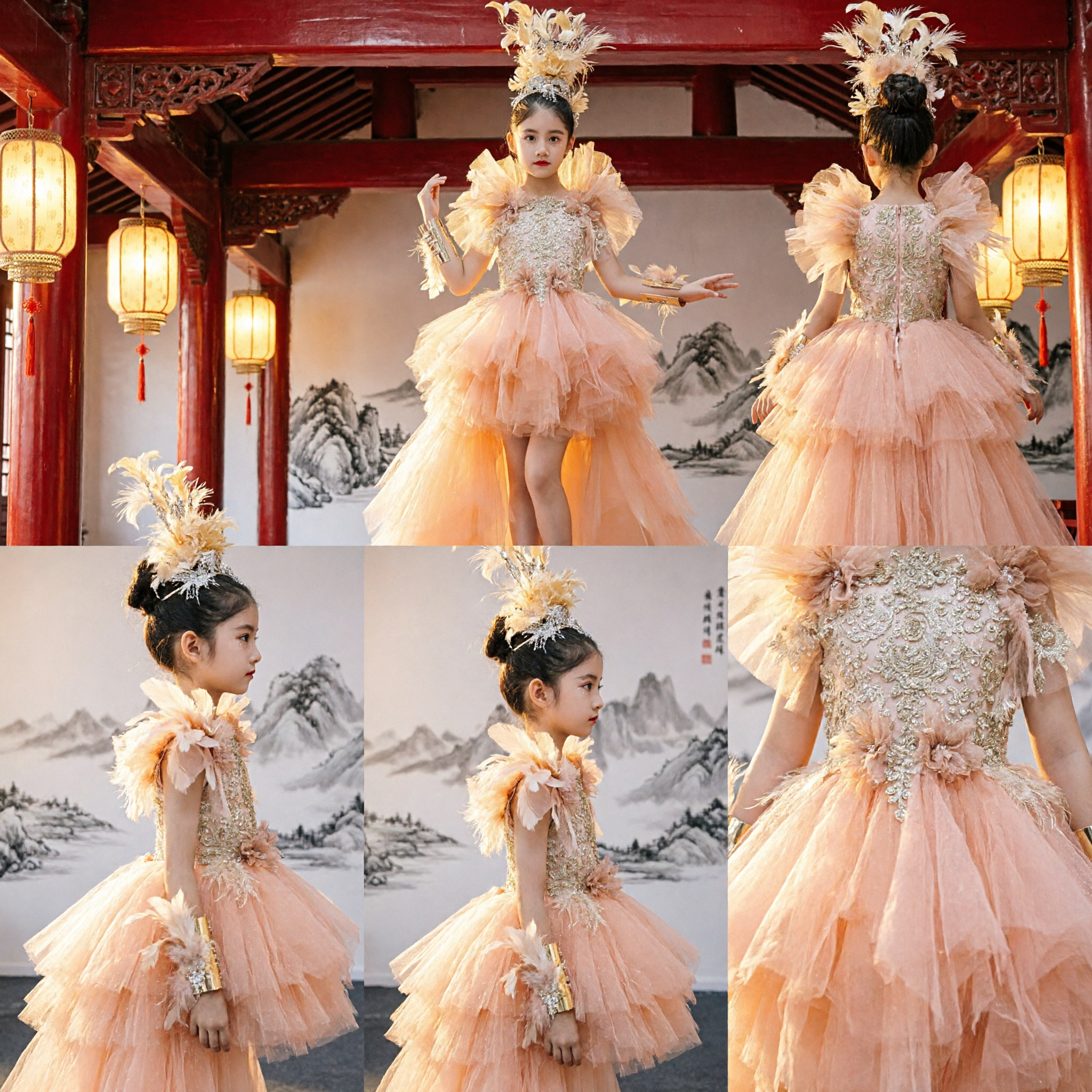 Girls Peach Champagne Tulle Princess Gown with Feather Headpiece for Stage Performance and Formal Parties