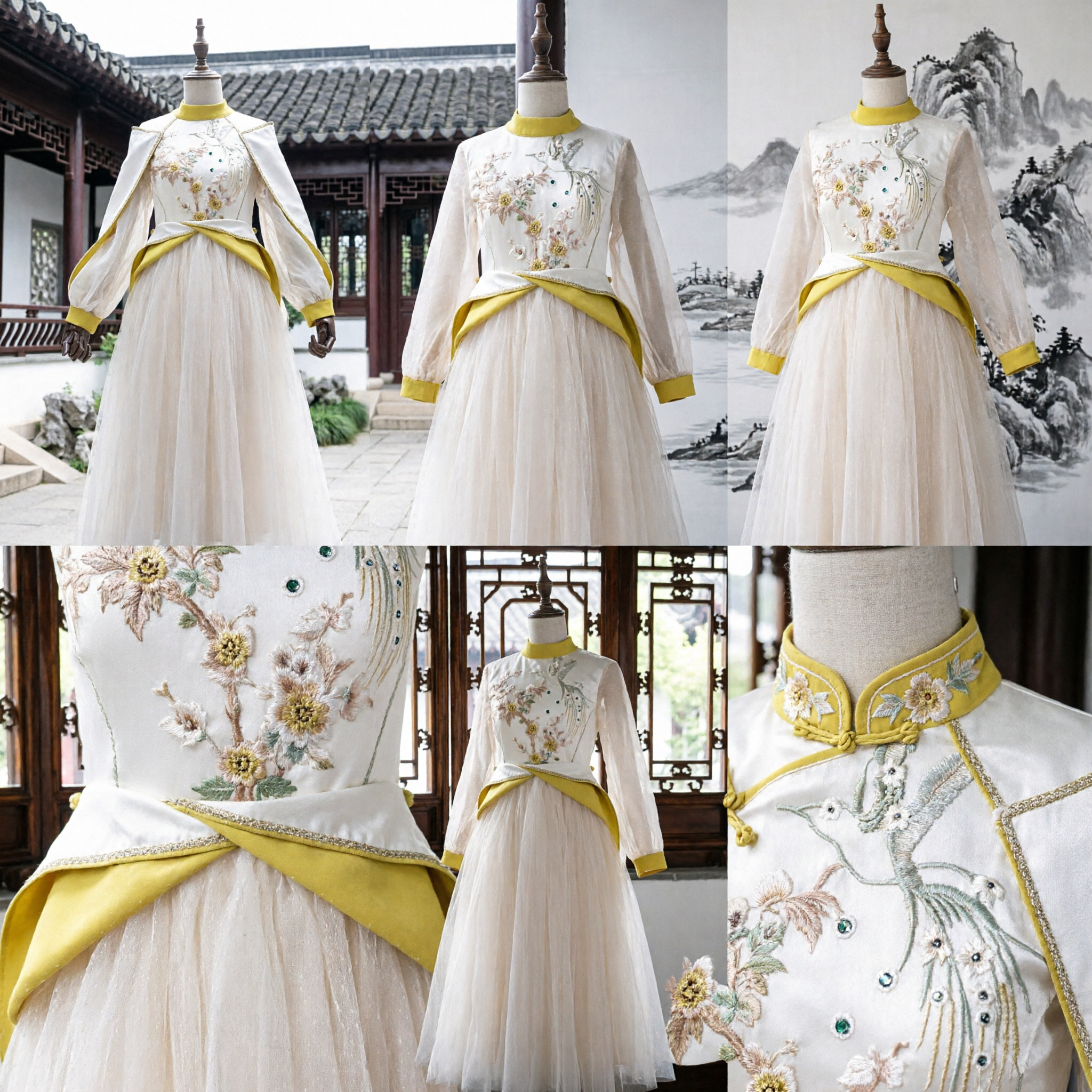 Elegant White and Yellow Floral Embroidered Long Sleeve Dress with Tulle Skirt for Women's Traditional Chinese Stage Performance