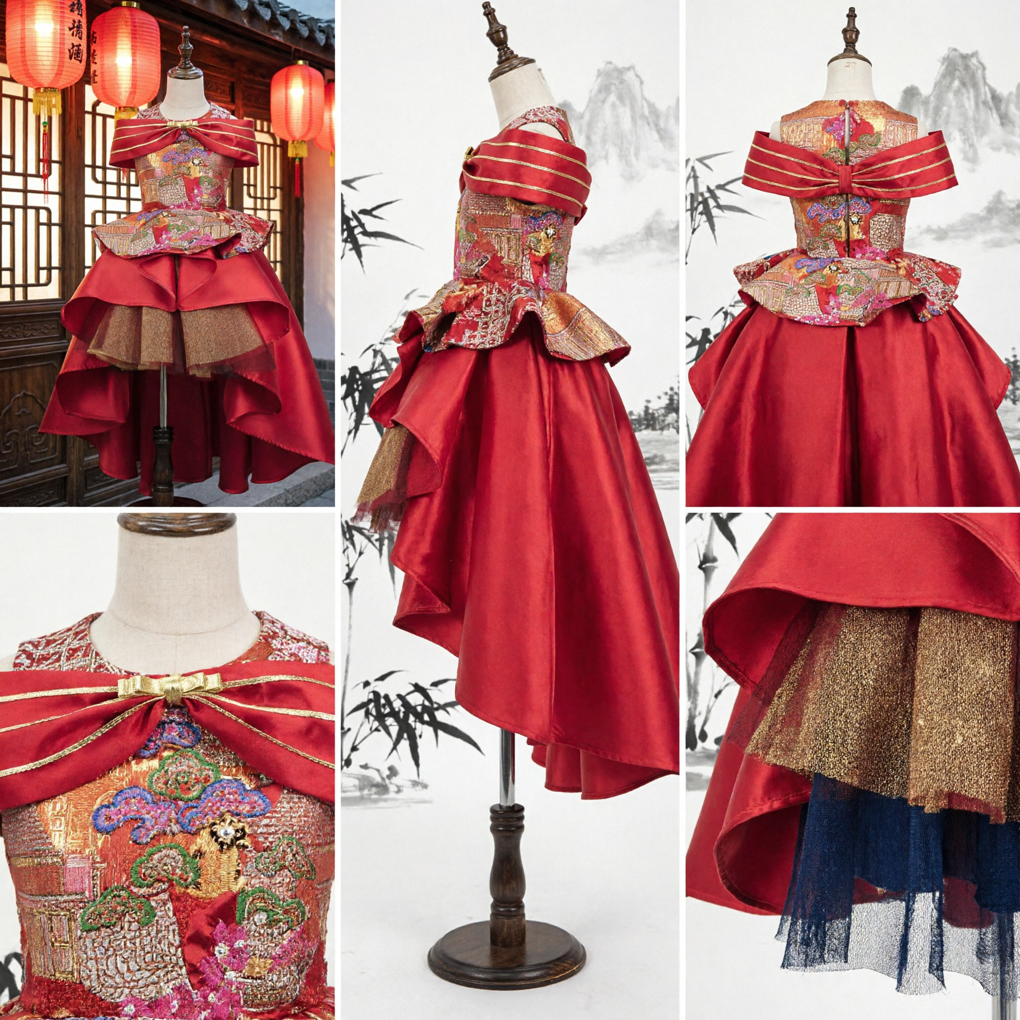 Girls Traditional Chinese Red Dress Embroidered Peplum Gown Formal Costume for Wedding Party and New Year