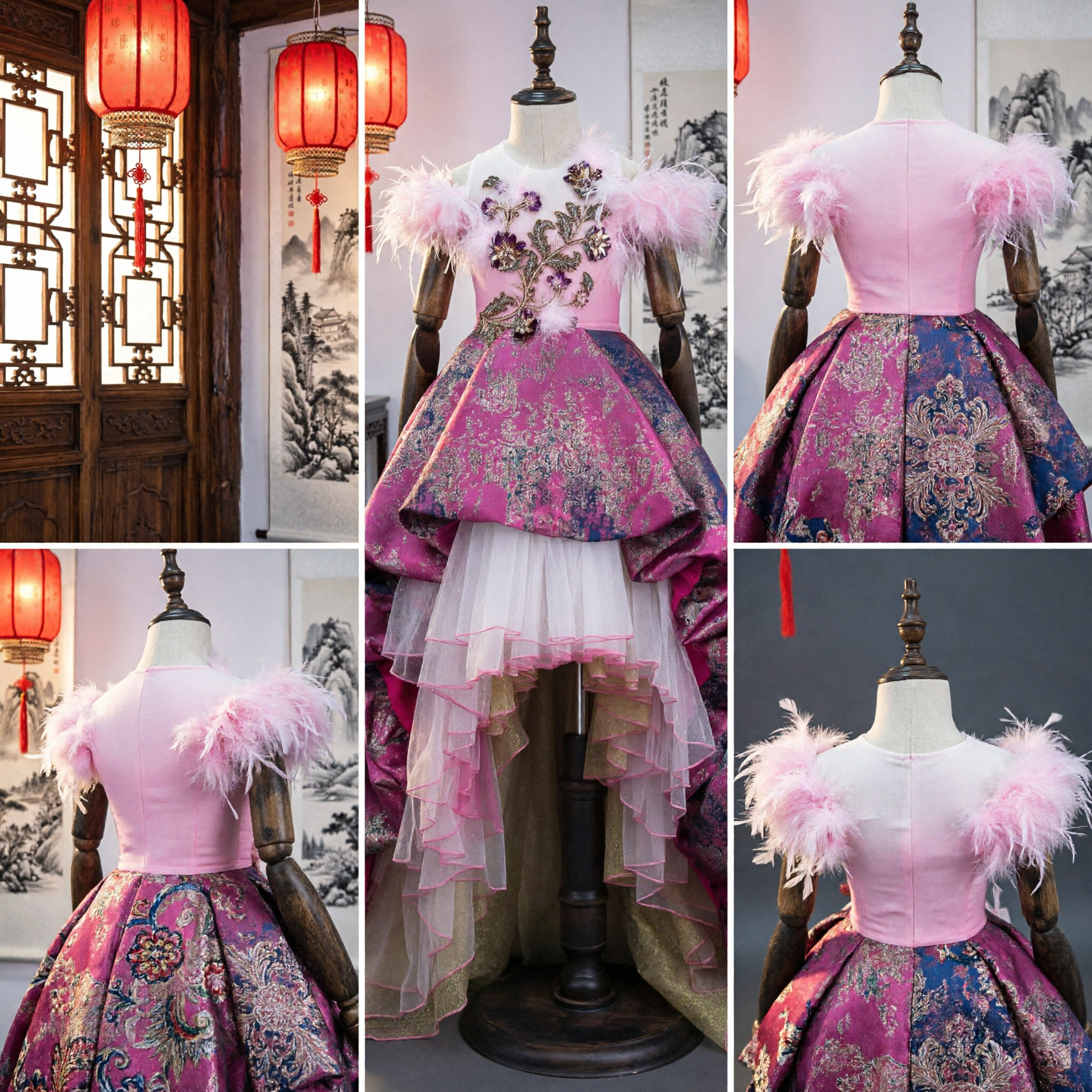 Exquisite Pink Feather Trimmed Floral Embroidered High-Low Gown for Girls Stage Performance Costume