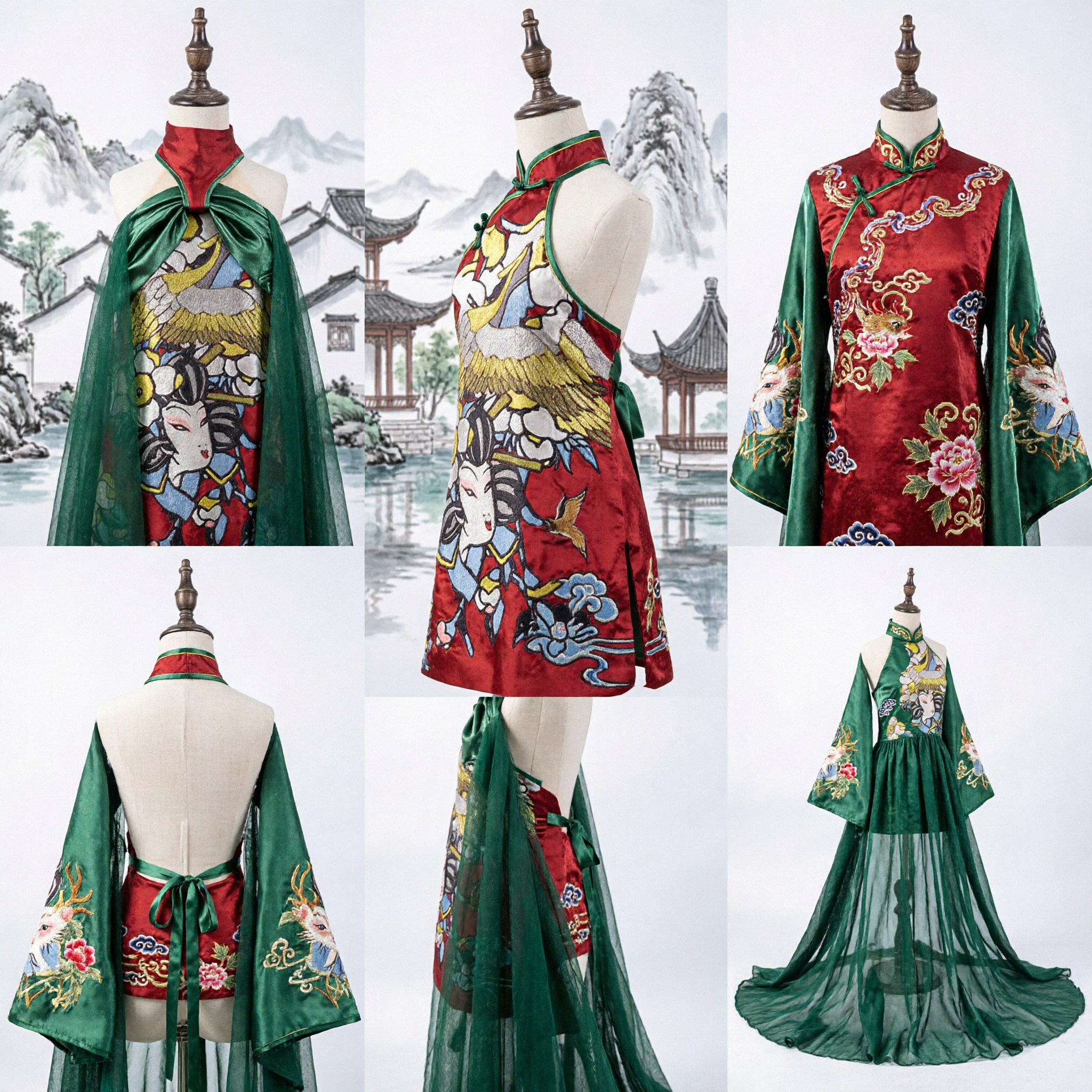 Elegant Traditional Chinese Qipao Dress with Green Sheer Cape and Classical Crane Print for Women
